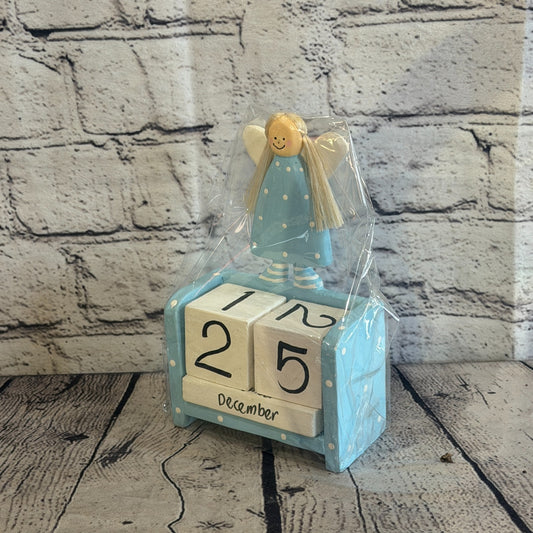 15cm Blue Hand Carved Painted Wooden Angel Block Calendar for Desk Display0