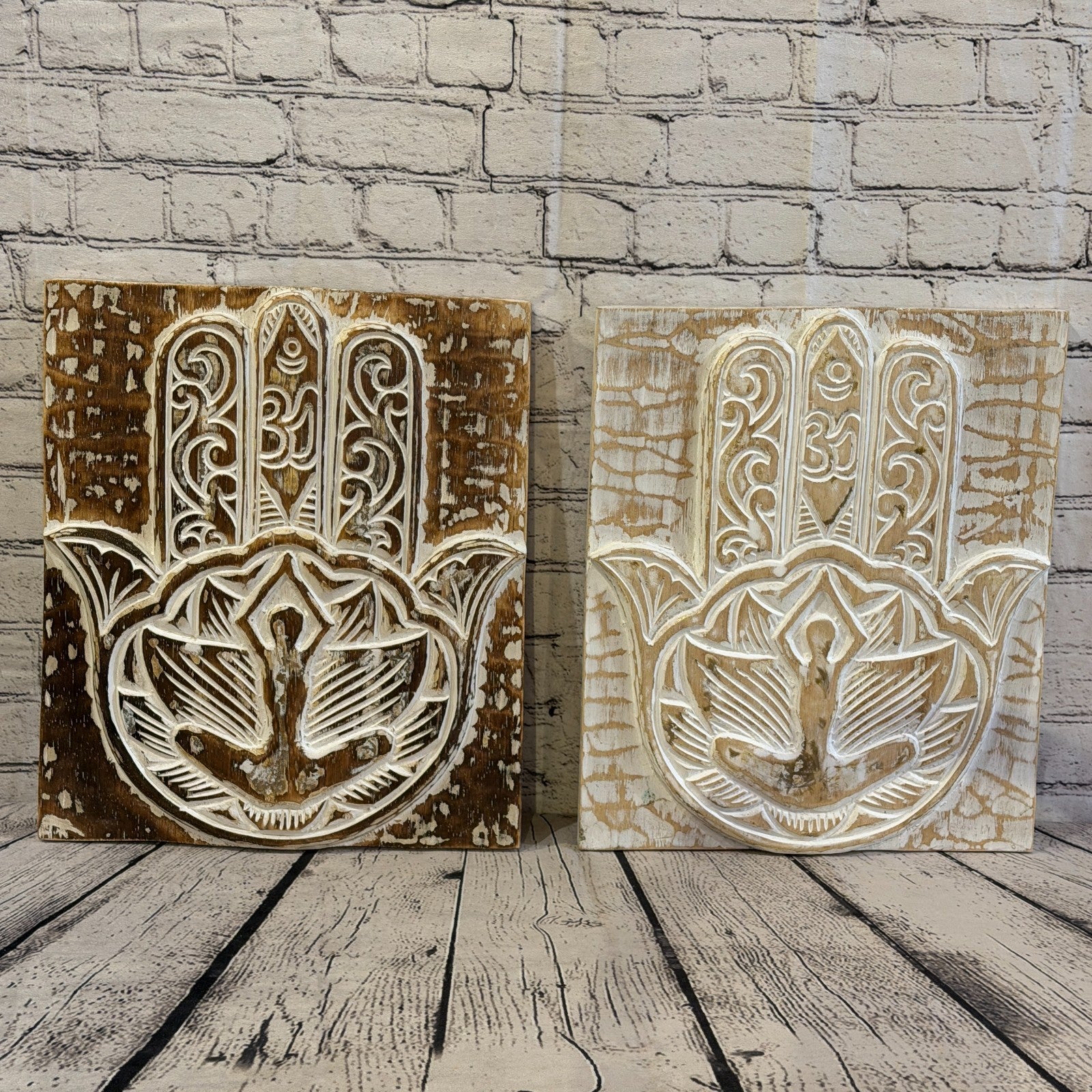 40cm x 35cm Hand Of Fatima White Wooden Wood Panel Wall Art Plaque Handcarved5