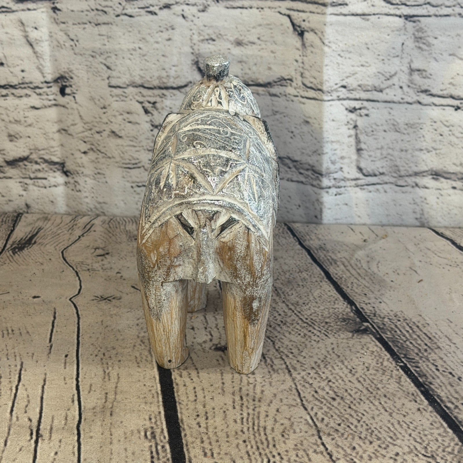 15cm x 15cm Brown Silver Wooden Standing Elephant Hand Carved & Painted5