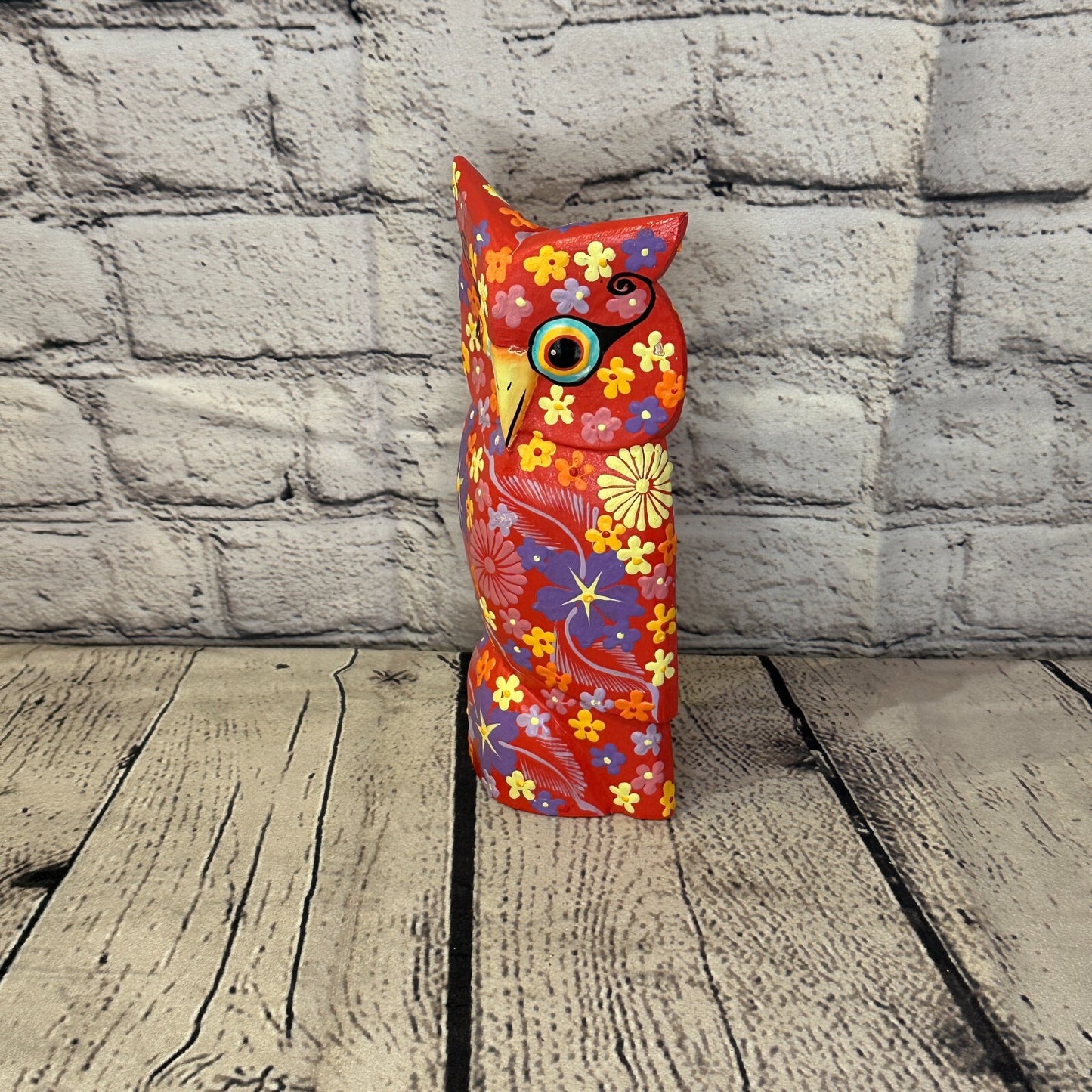 Red Large Wooden Owl With Flower Pattern 20cm x 8cm Handmade and Fairtrade1