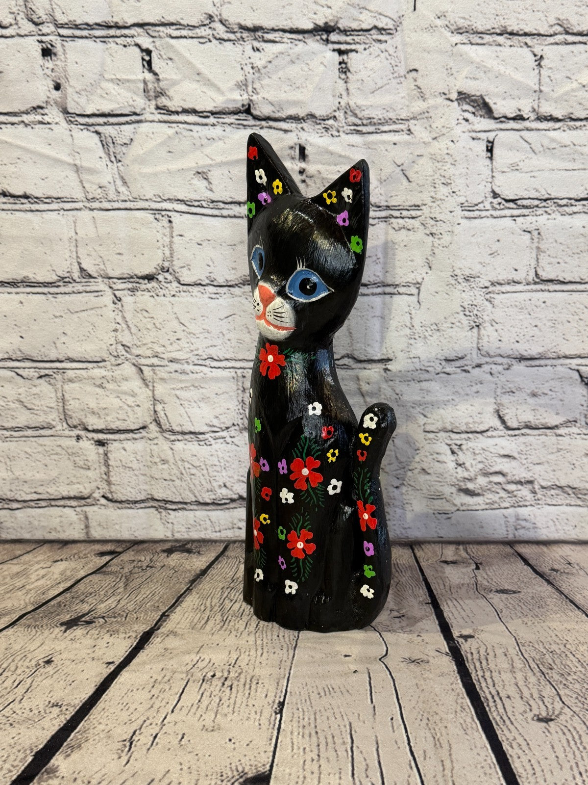 30cm Black Mix Flower Wooden Shabby Cat Statue Ornament Fair Trade Handcarved1