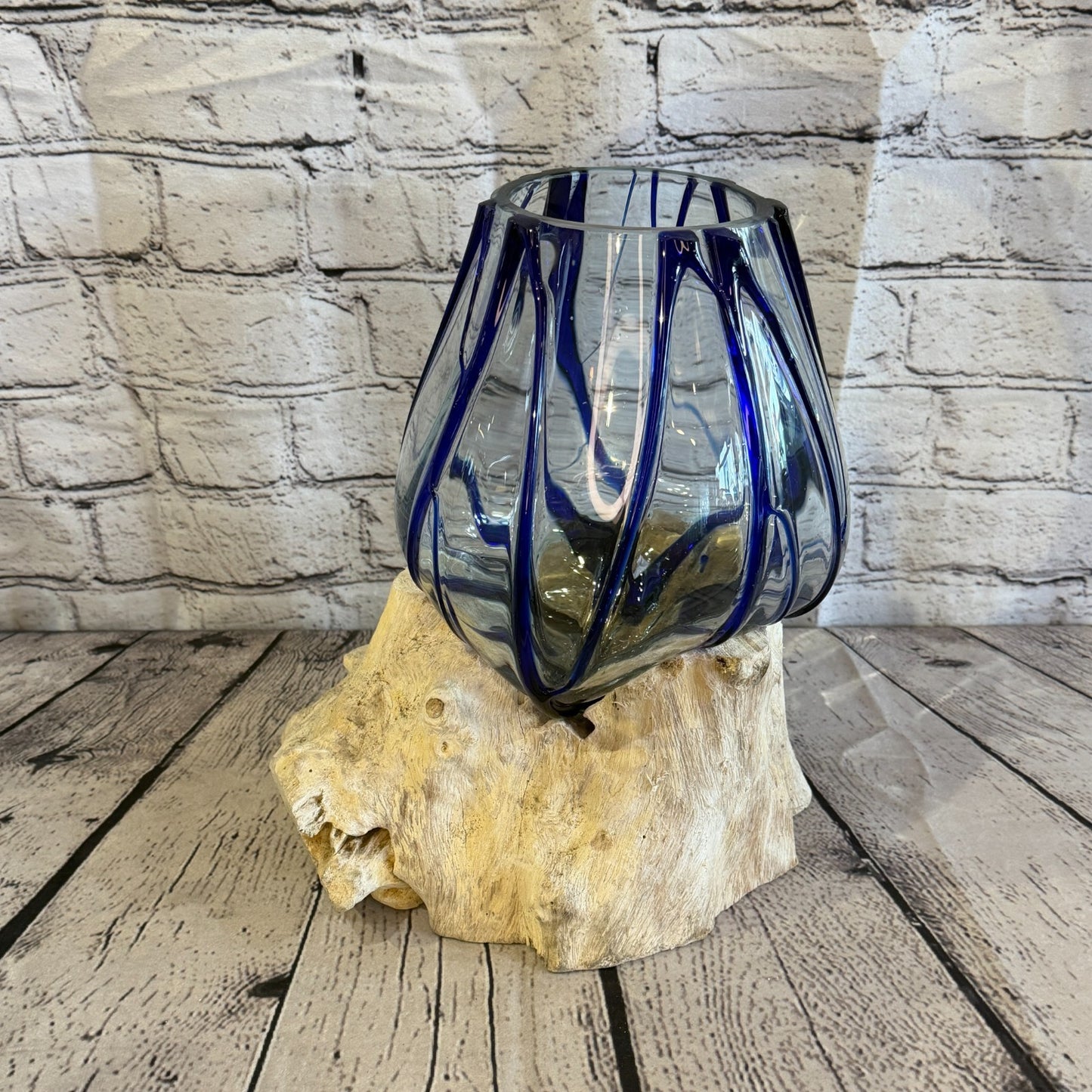 30cm Tall Blue Streak Melted Glass Wood Decorative Vase Glass Sculpture Crafted0