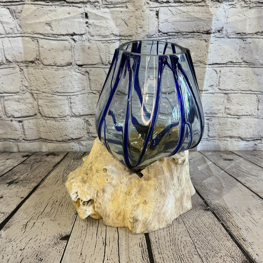 30cm Tall Blue Streak Melted Glass Wood Decorative Vase Glass Sculpture Crafted0