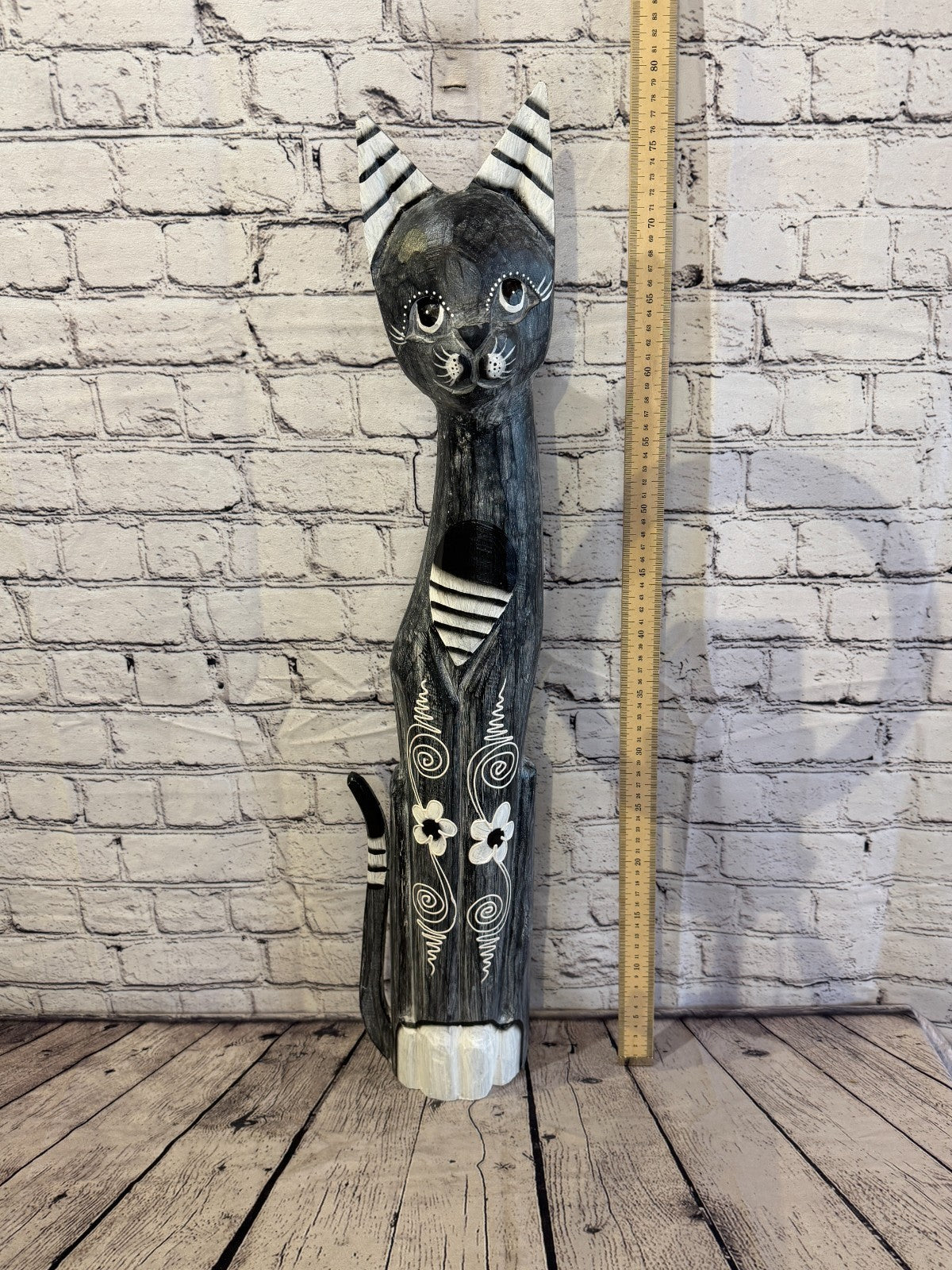 80cm Grey Flower Wooden Shabby Cat Statue Ornament Fair Trade Handcarved6