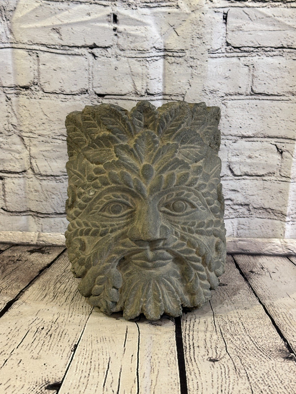 Green Man Pattern Stone Garden 20cm x 18cm Ornament Outdoor Indoor Statue Hindu0
