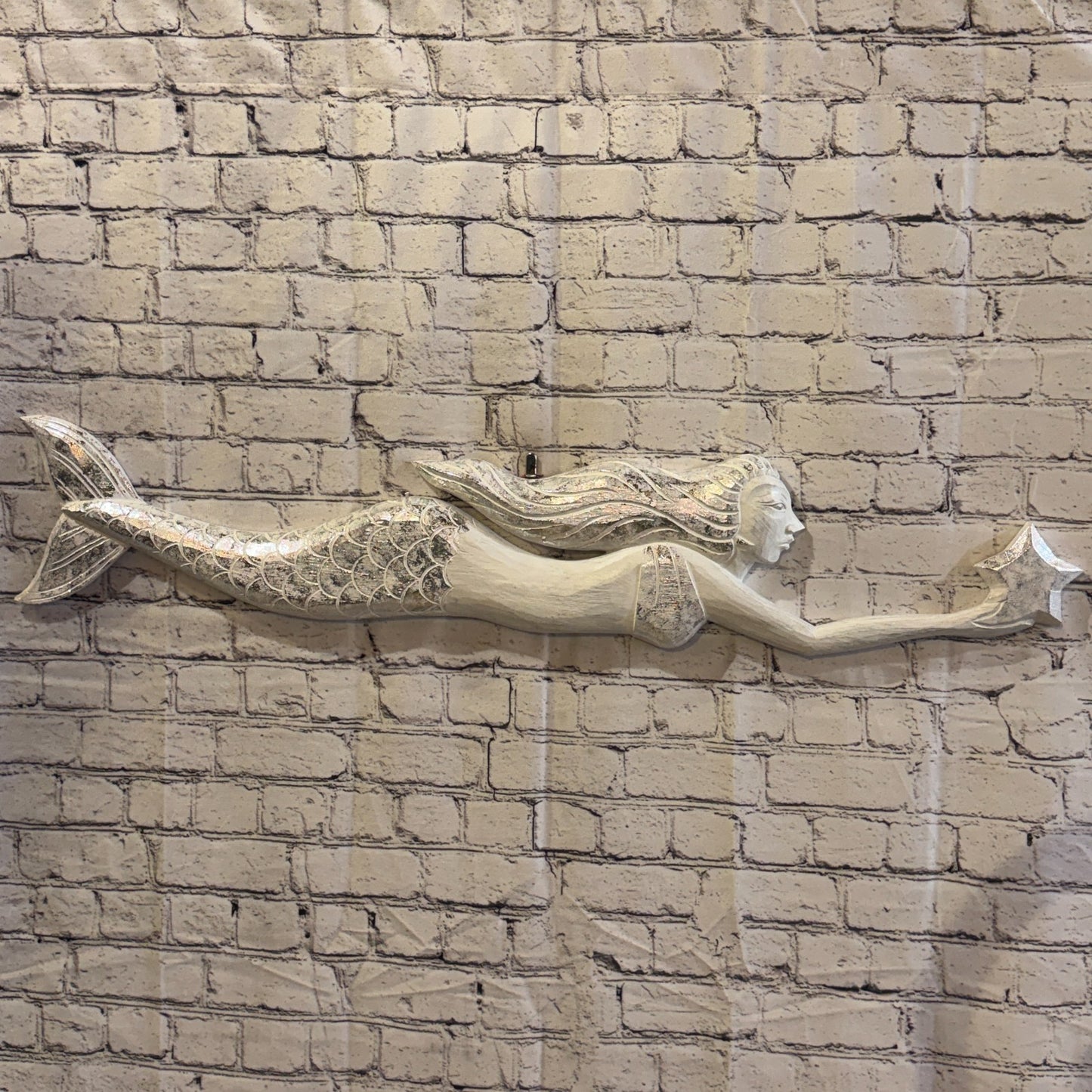 100cm White Wooden Mermaid Wall Decor Beach Art Hanging Mermaid Plaque Nautical0