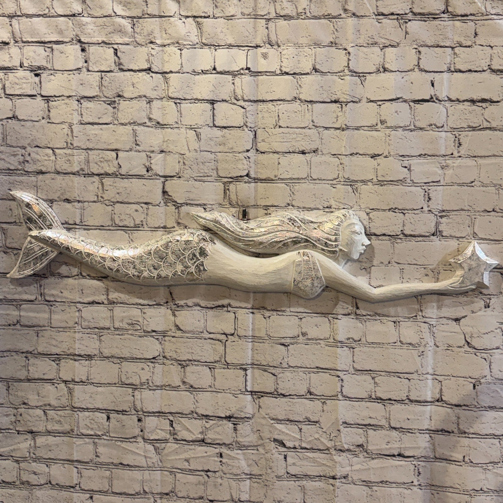 100cm White Wooden Mermaid Wall Decor Beach Art Hanging Mermaid Plaque Nautical0