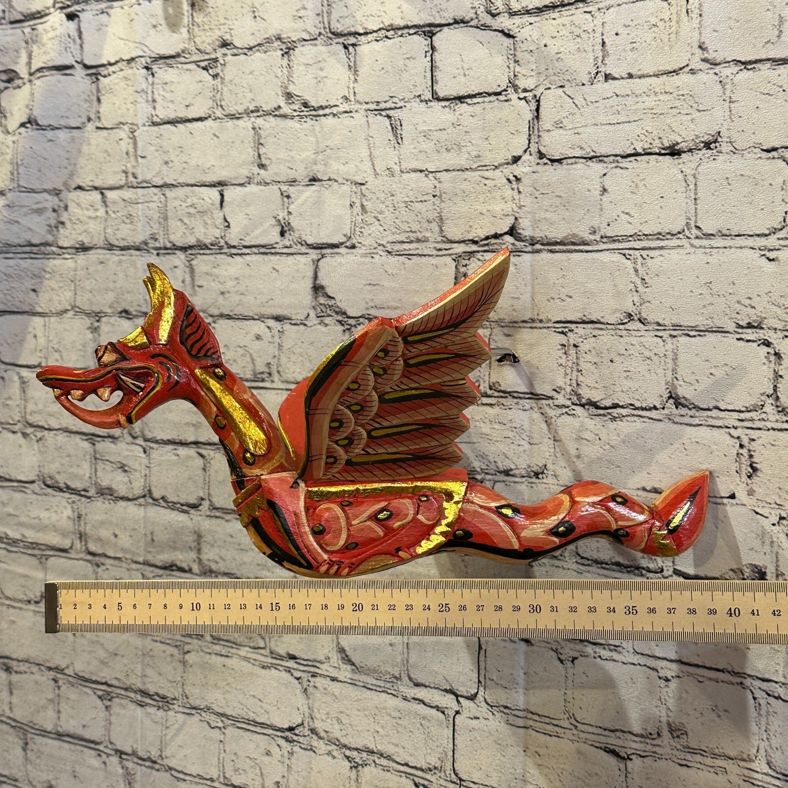 40cm Red Dragon Folk Art Carved Wood Flying Winged Mobile Spirit Chaser Guardian3