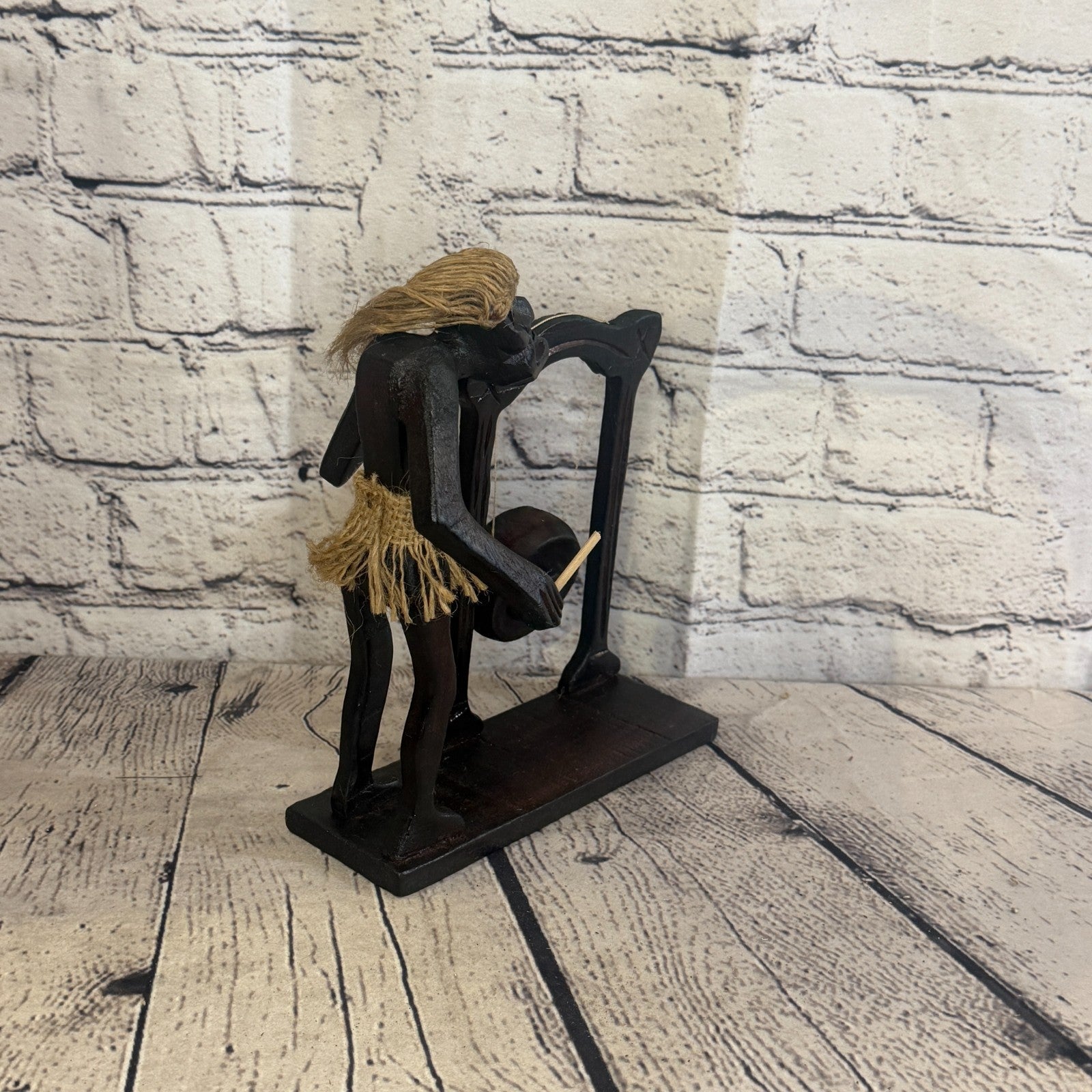 20cm Gong Playing African Tribal Warrior Man Figure Statue Wood Hand Carved2