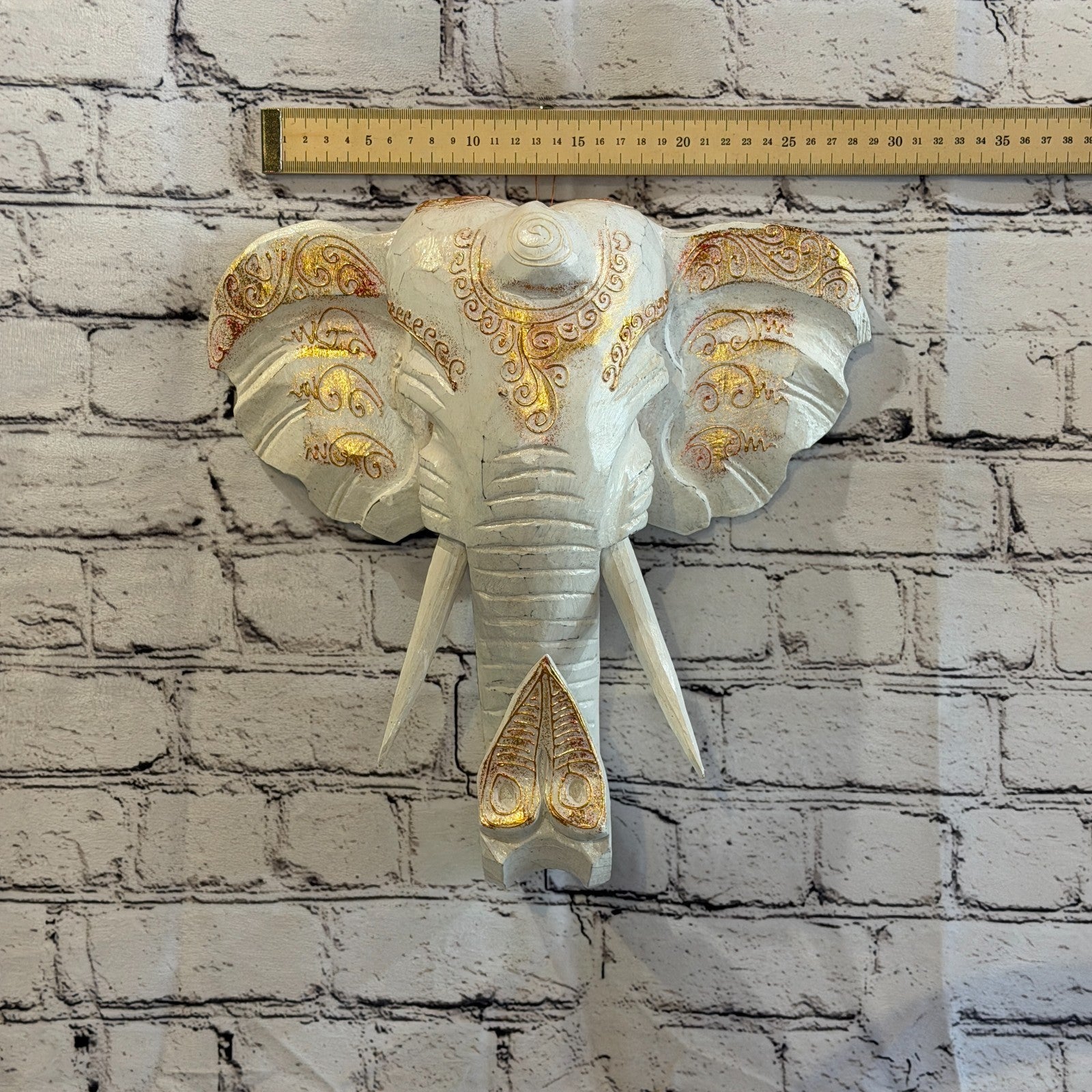 30cm x 30cm White Gold Painted Wood Elephant Head Wall Mounted Art Shabby3