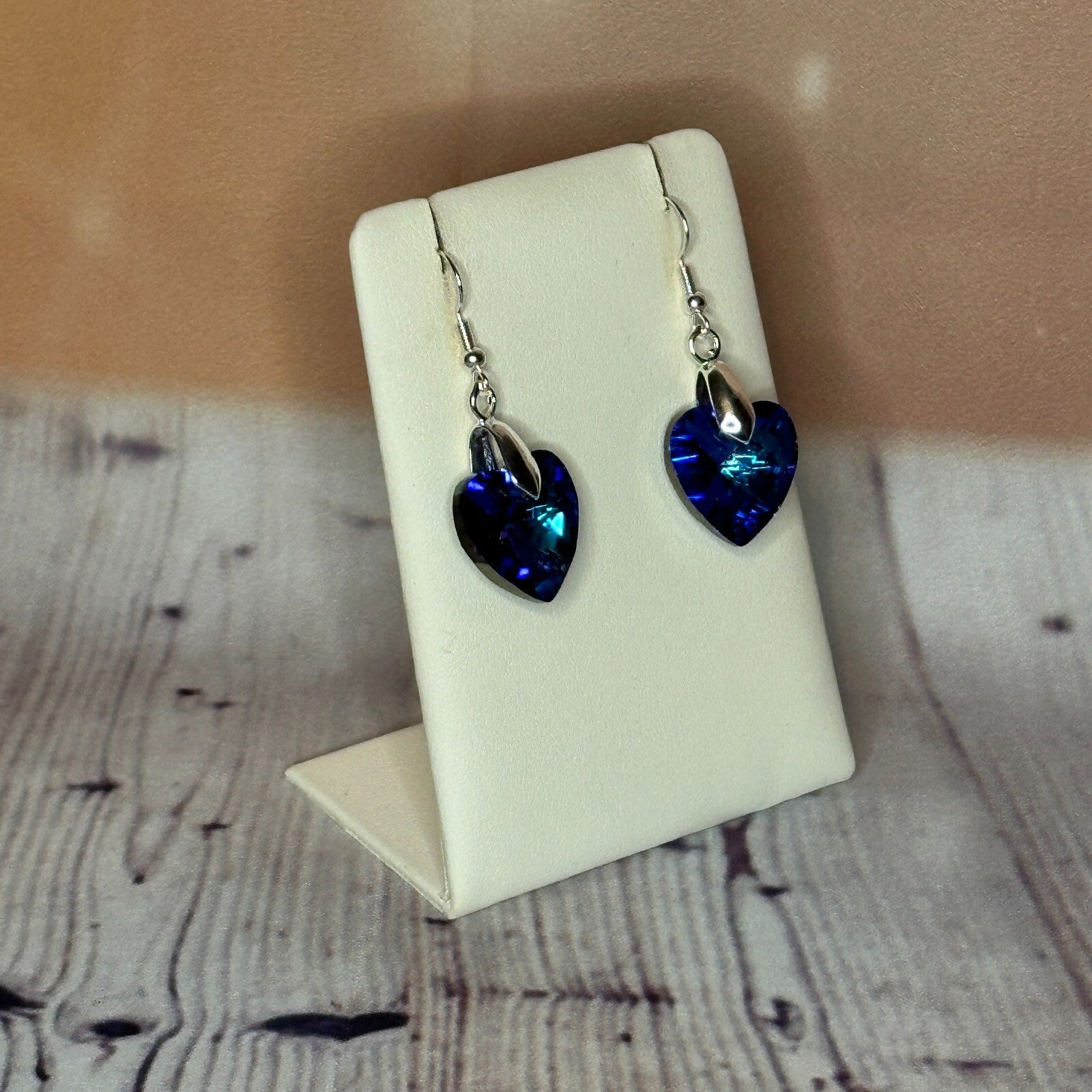 Dark Blue Crystal Heart Shaped Dangle Drop Earrings Handmade UK Jewellery2