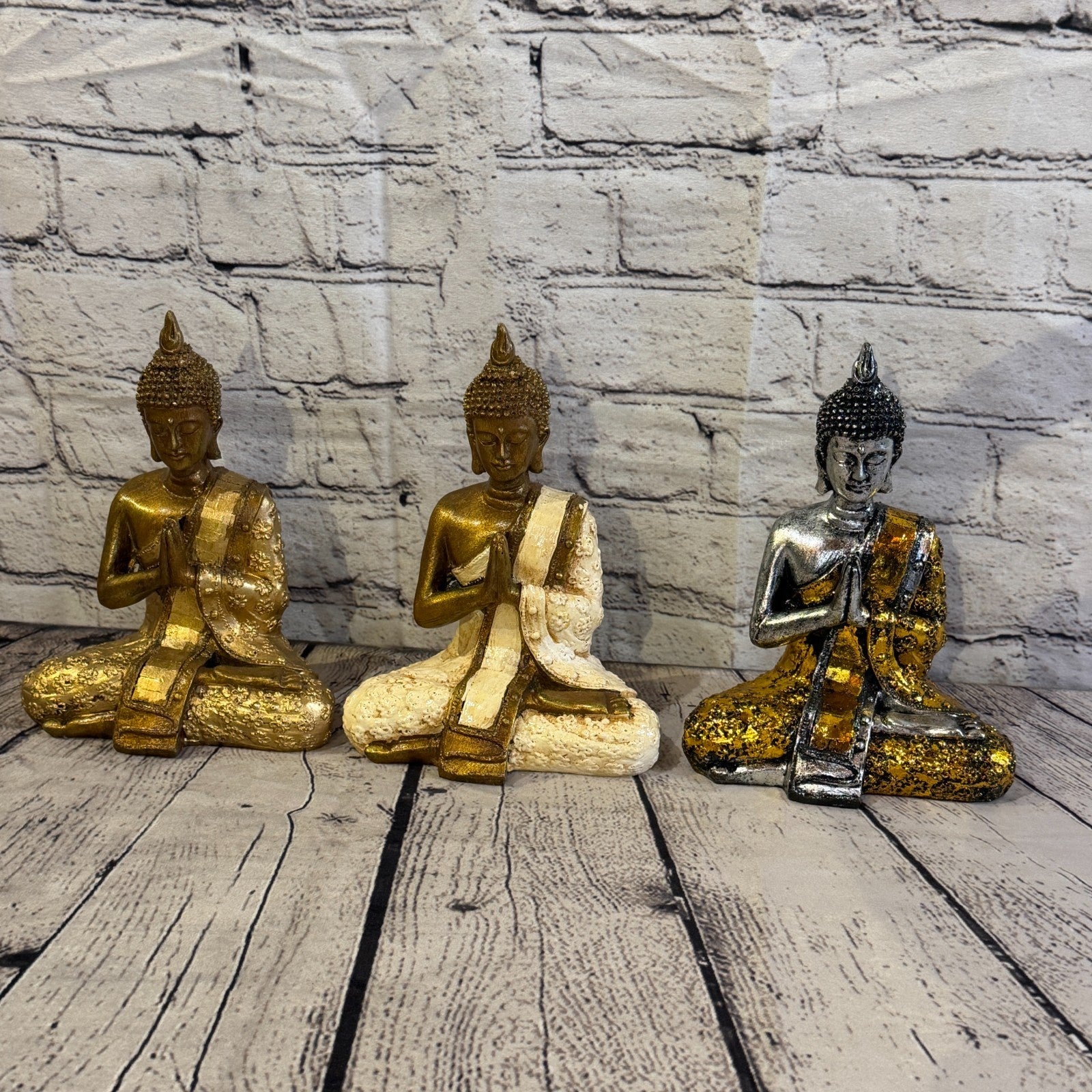 Cream & Bronze 20cm x 15cm Small Thai Spike Buddha Sitting Statue Resin Hindu9
