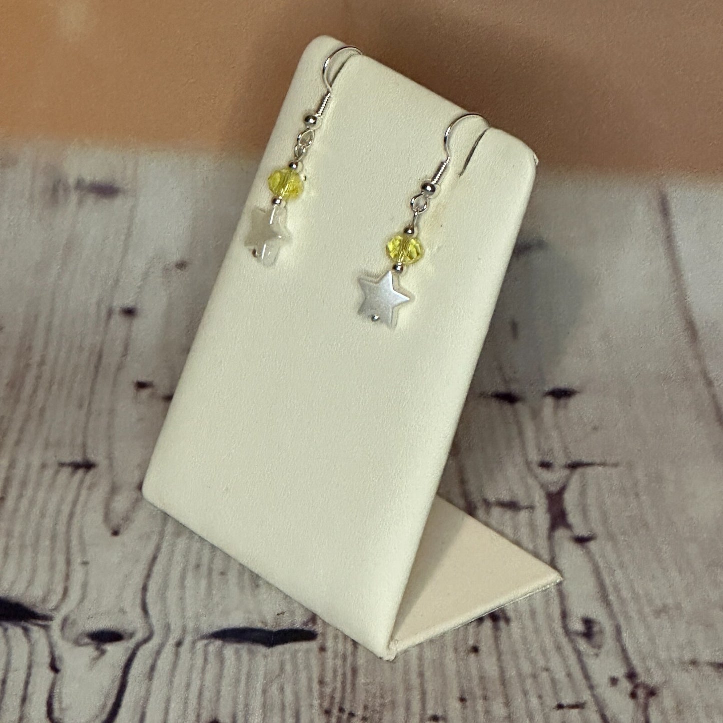 Yellow Crystal And White Star Shaped Dangle Drop Earrings Handmade UK Jewellery1