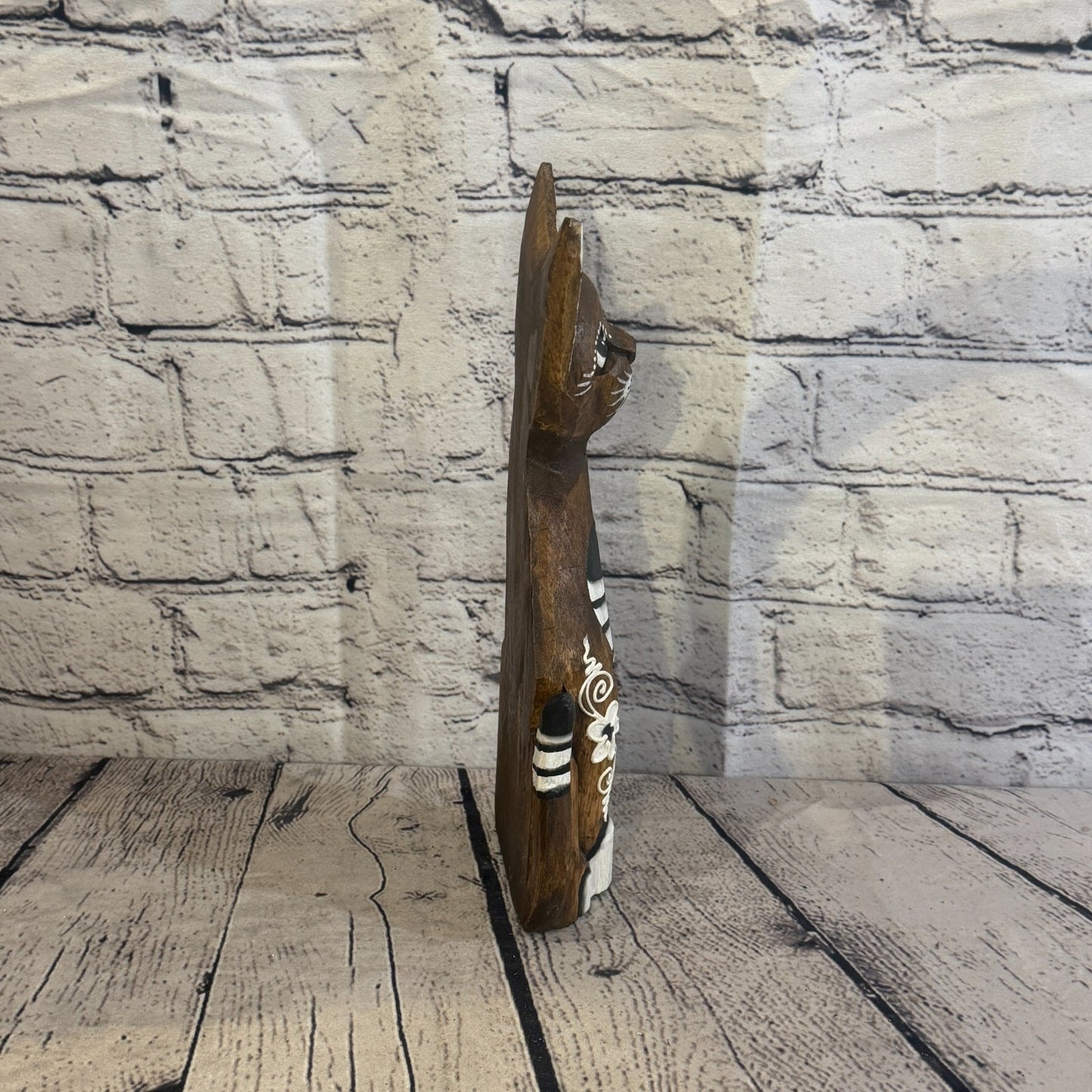 30cm Brown Flower Wooden Shabby Cat Statue Ornament Fair Trade Handcarved3