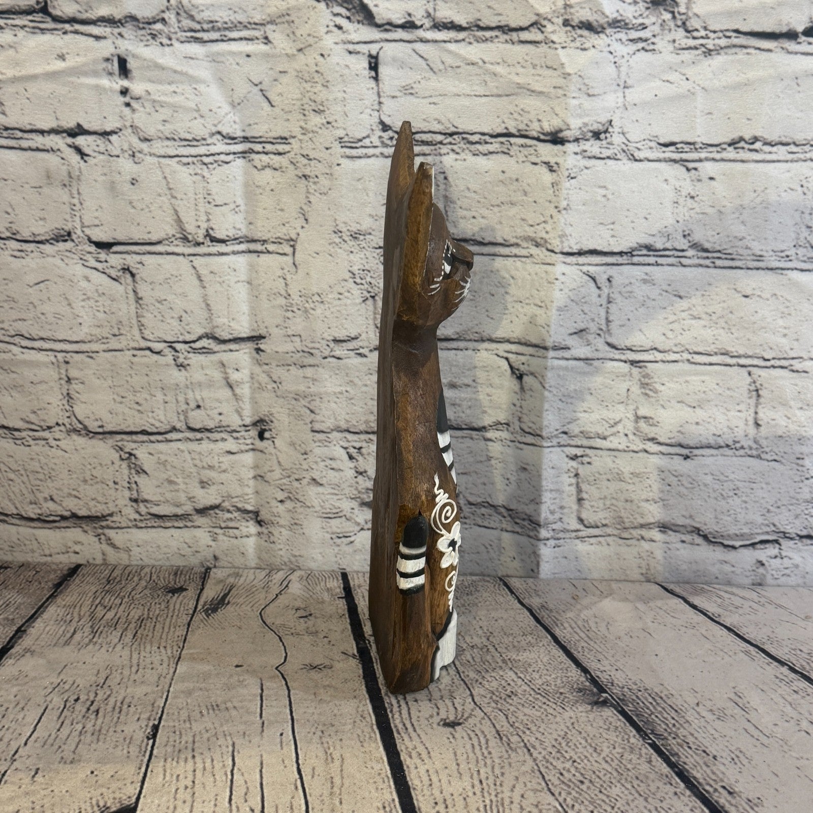 30cm Brown Flower Wooden Shabby Cat Statue Ornament Fair Trade Handcarved3