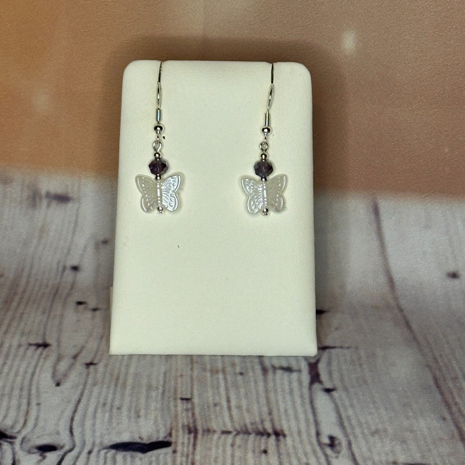 Purple Crystal And White Butterfly Dangle Drop Earrings Handmade UK Jewellery0