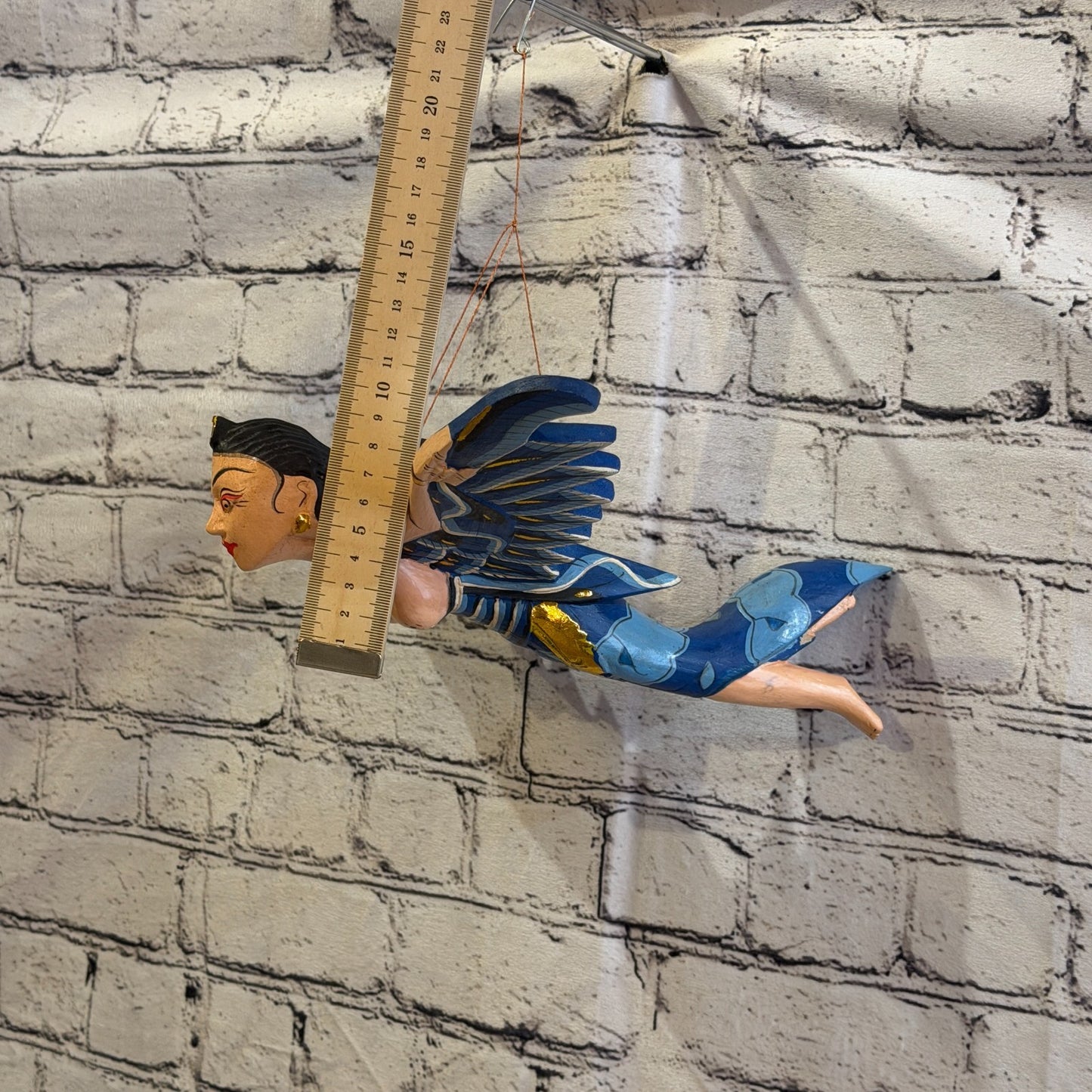 30cm Blue Sita Hindu Folk Art Carved Wood Flying Winged Mobile Spirit Guardian3