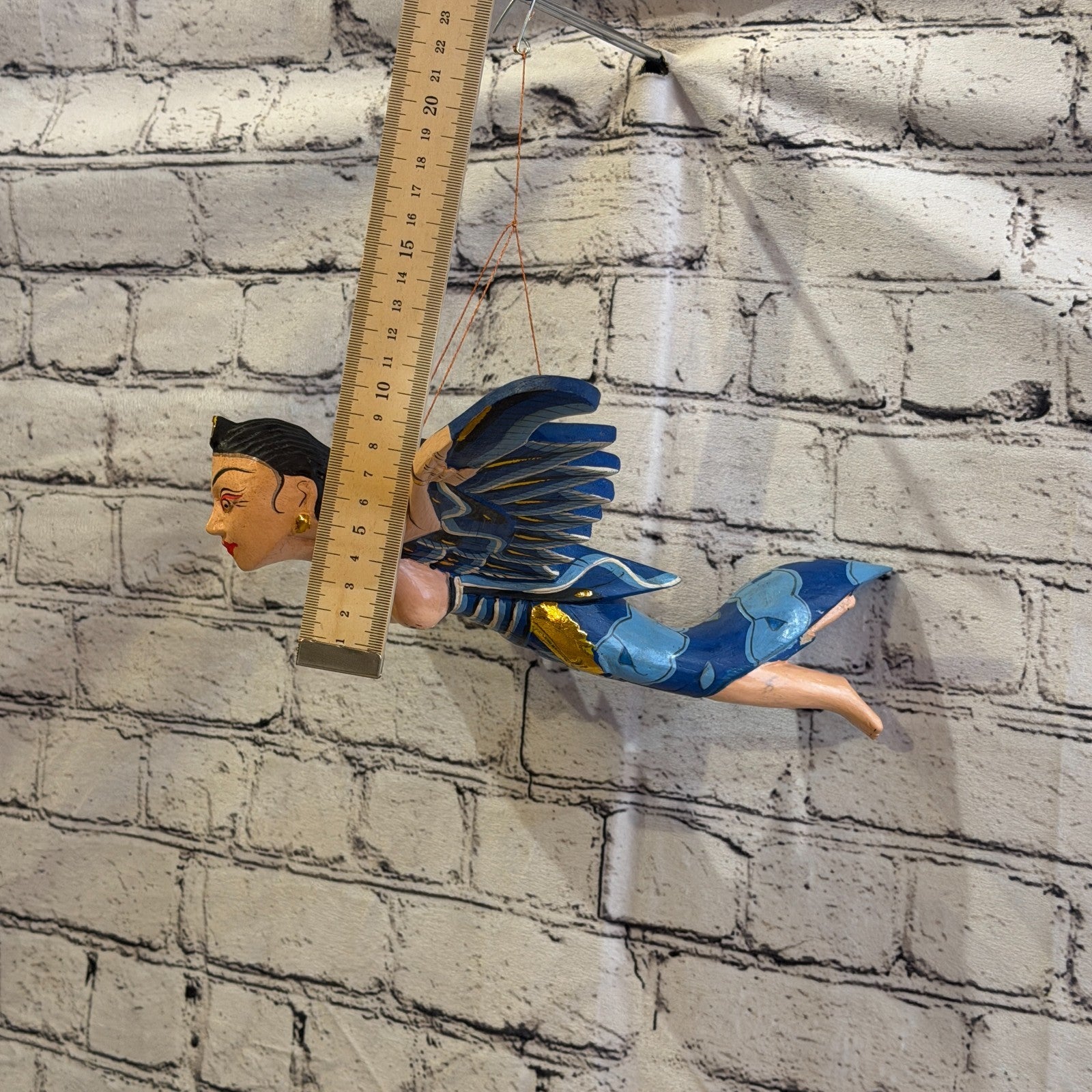 30cm Blue Sita Hindu Folk Art Carved Wood Flying Winged Mobile Spirit Guardian3
