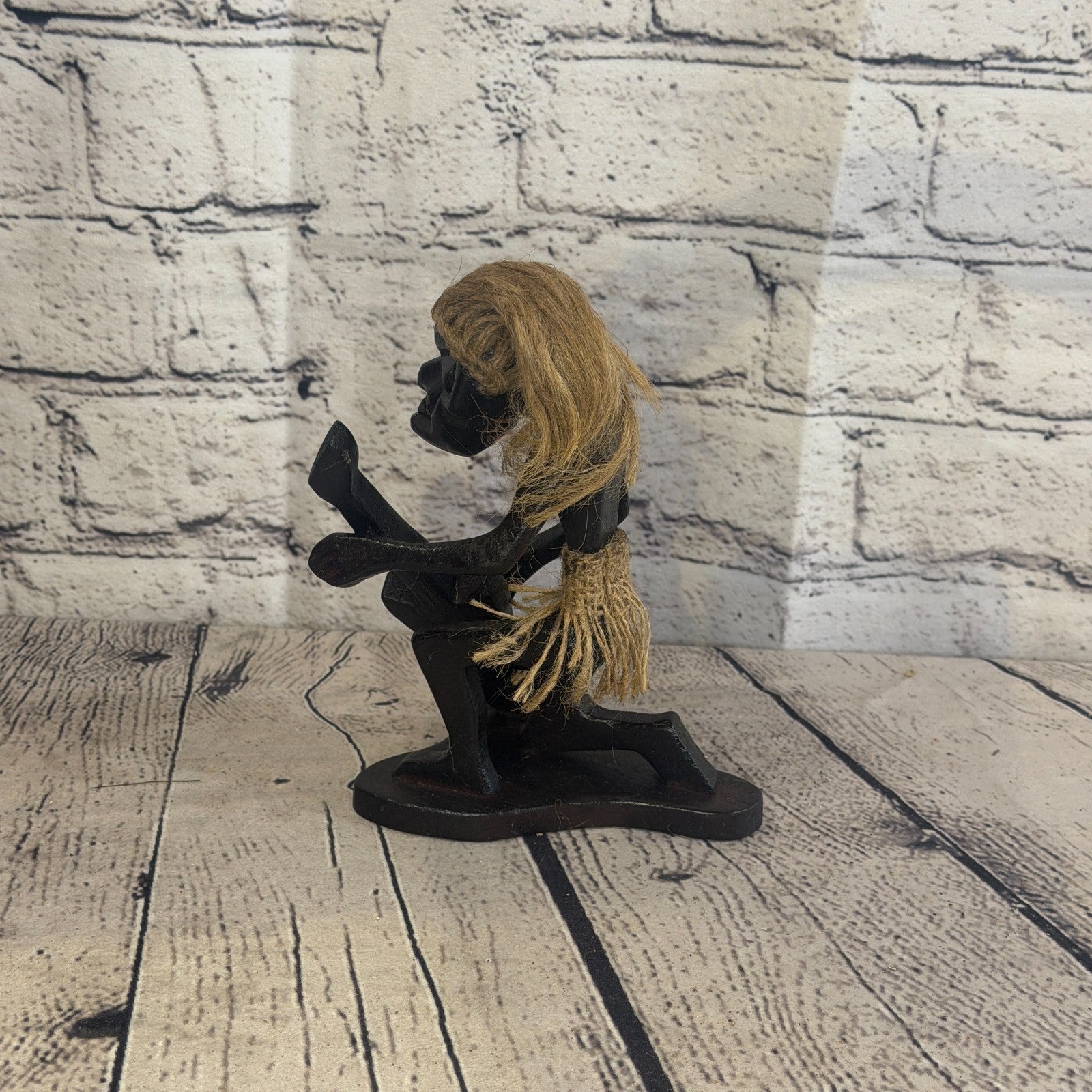 15cm Kneeling Guitar African Tribal Warrior Man Figure Statue Wood Hand Carved3