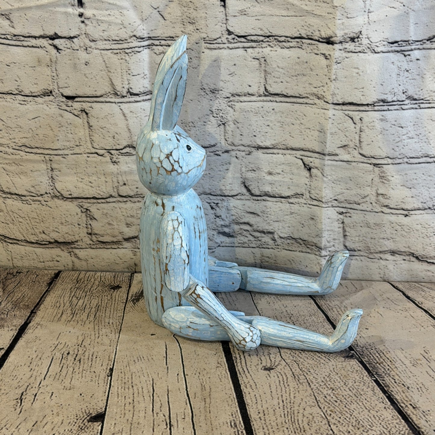 30cm Blue Bunny Rabbit Sitting Animal, Wooden Shelf Ornament Handmade Fairtrade3
