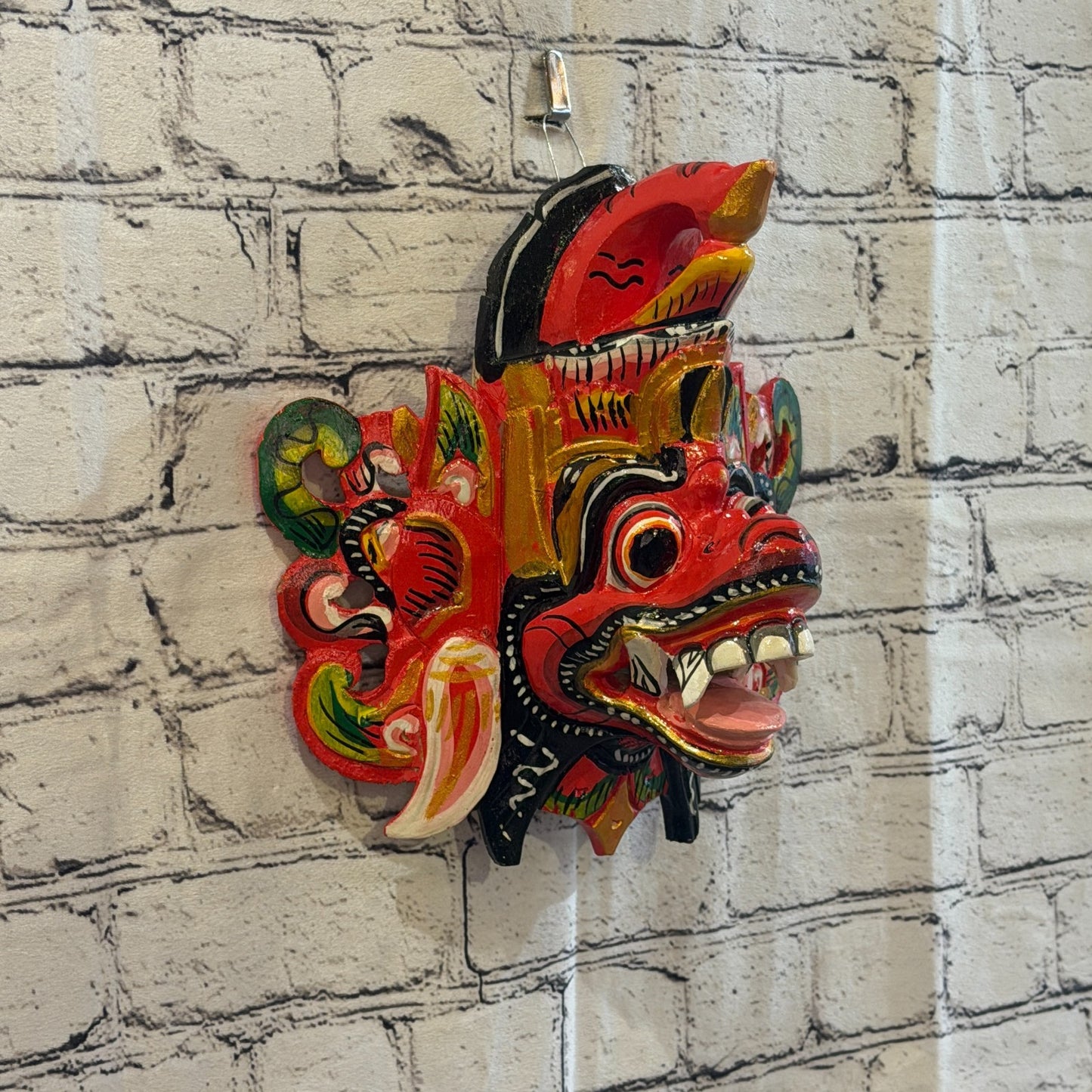 25cm Barong Crown Red Demon Dragon Hindu Deity Wooden Hand Carved Mask Painted0