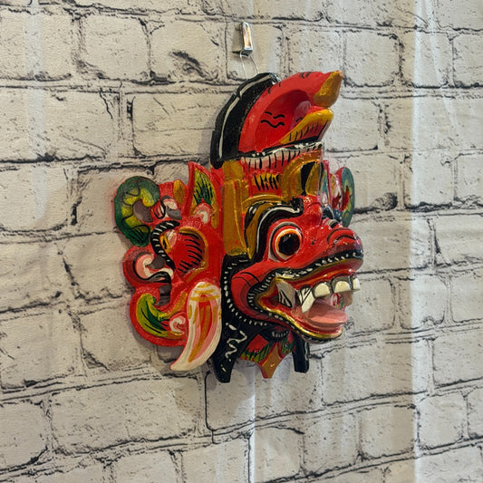25cm Barong Crown Red Demon Dragon Hindu Deity Wooden Hand Carved Mask Painted0