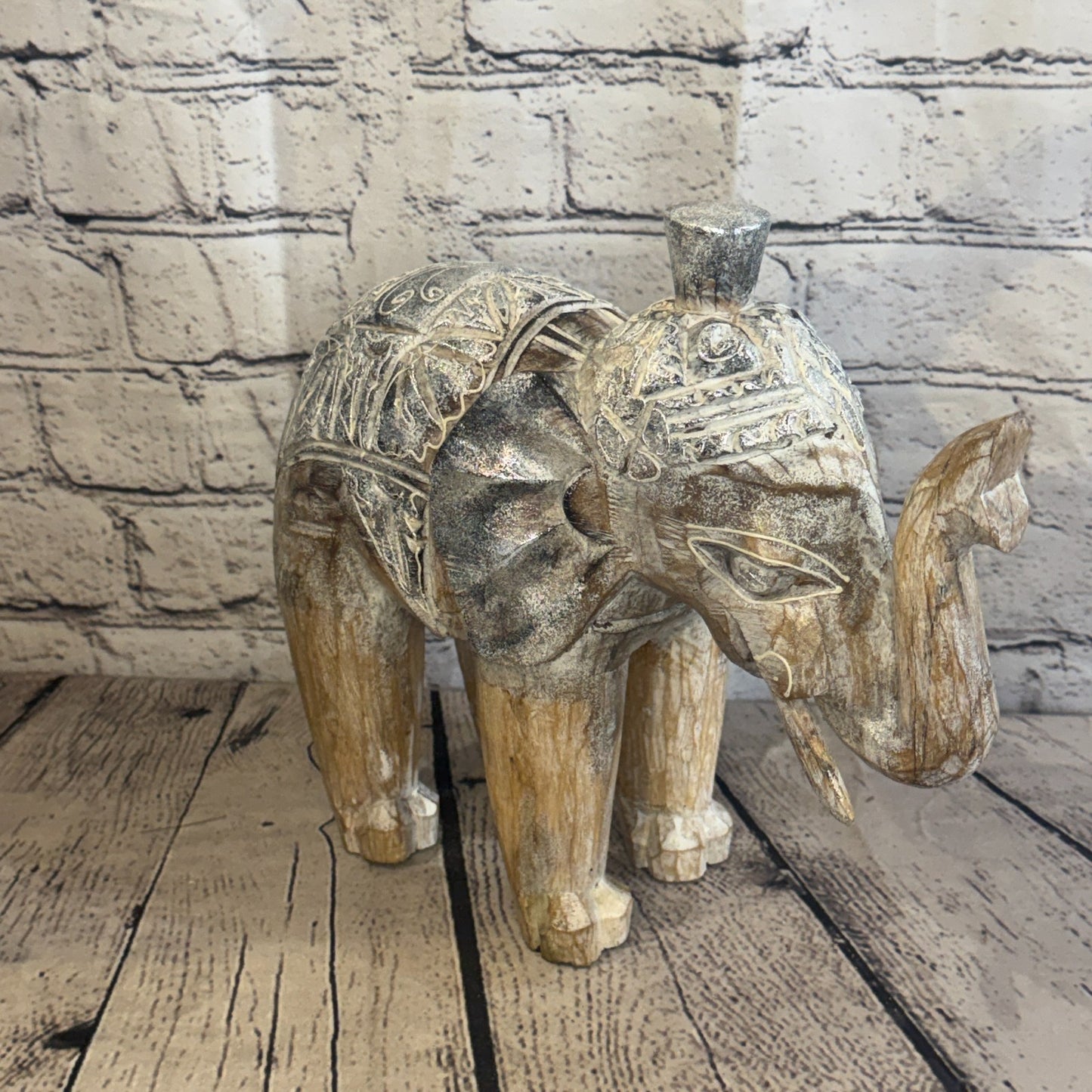 25cm x 25cm Brown Silver Wooden Standing Elephant Hand Carved & Painted2