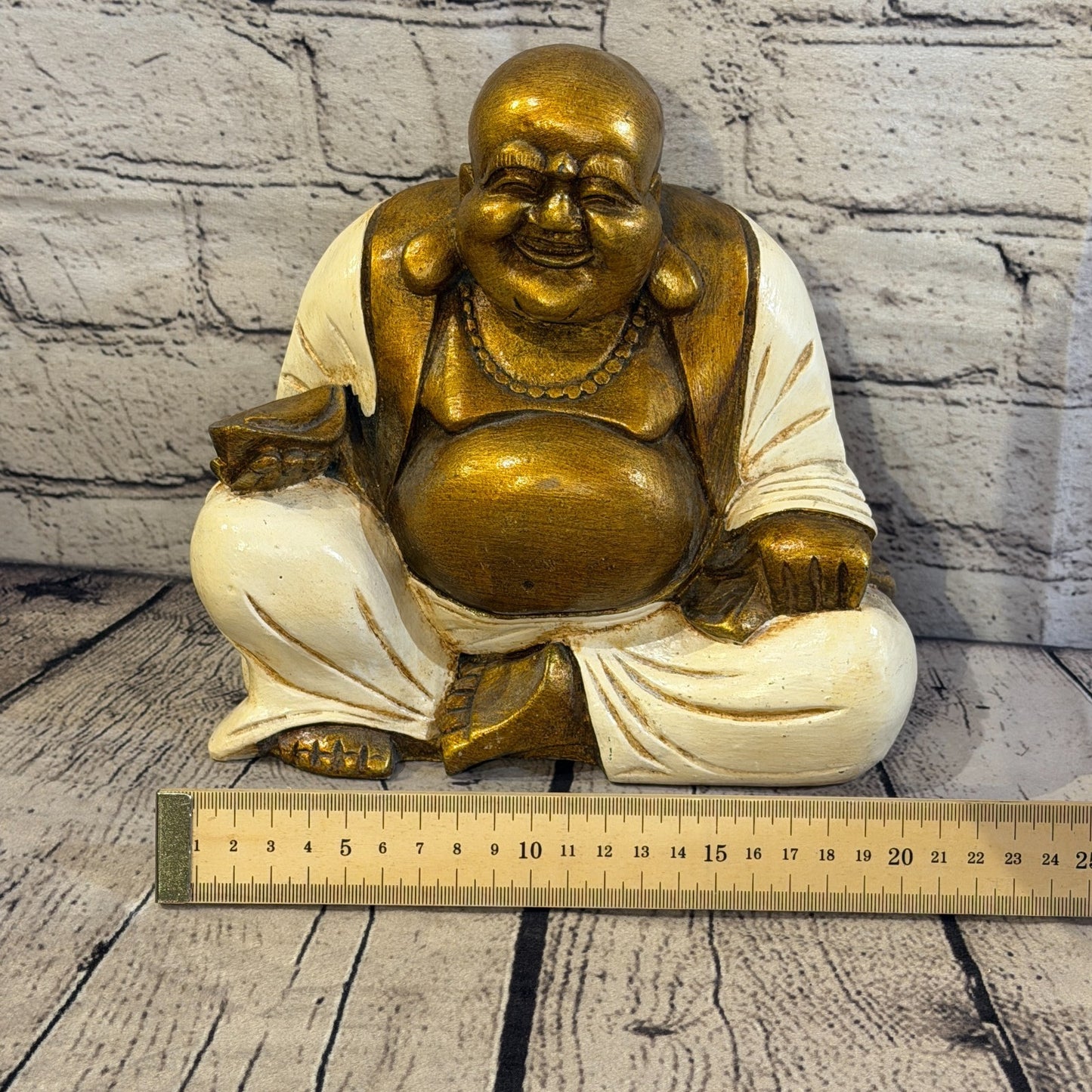 Cream & Bronze 20cm x 20cm Large Chinese Buddha Sitting On Lotus Statue Resin6