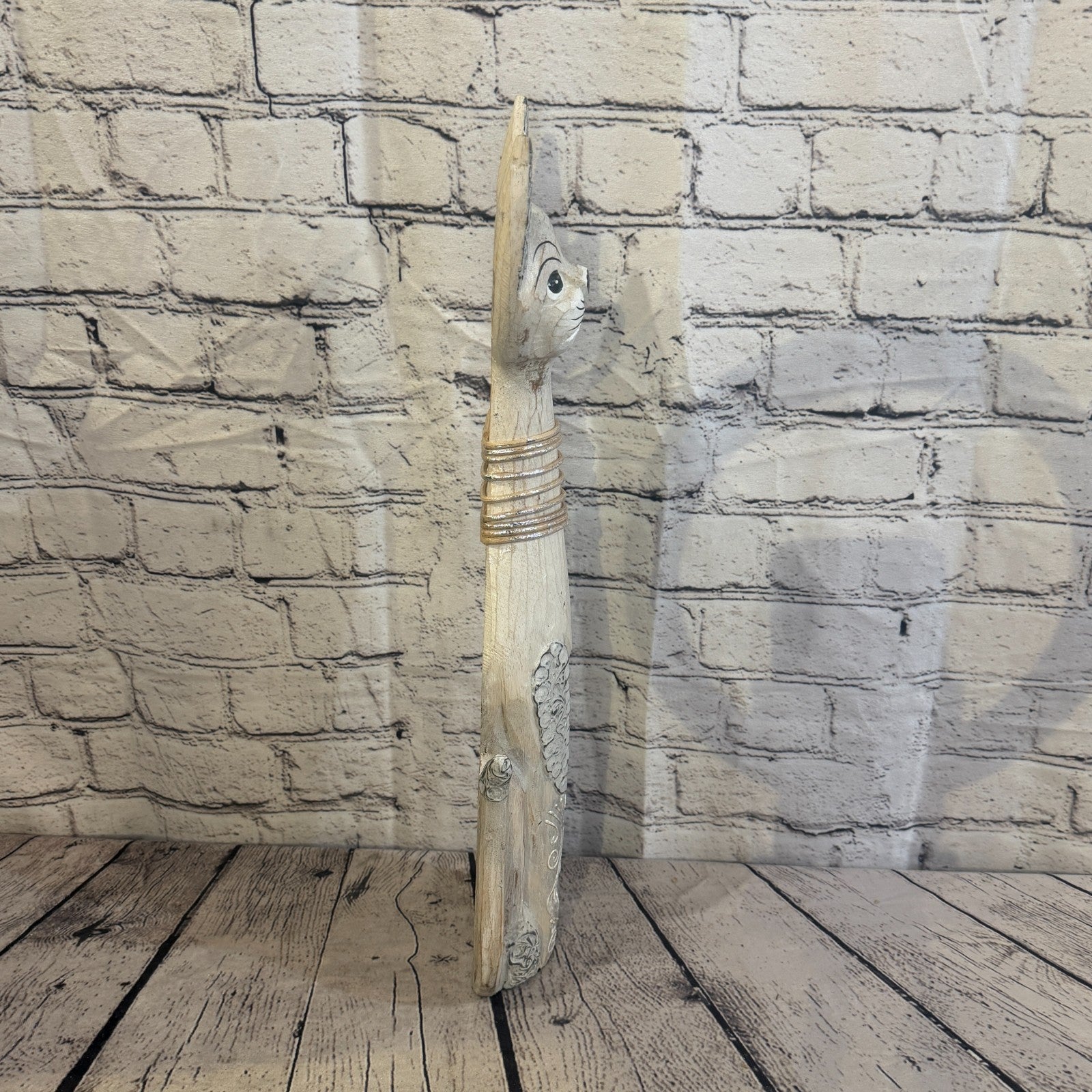 50cm White Silver Dots Wooden Shabby Cat Statue Ornament Fair Trade Handcarved3