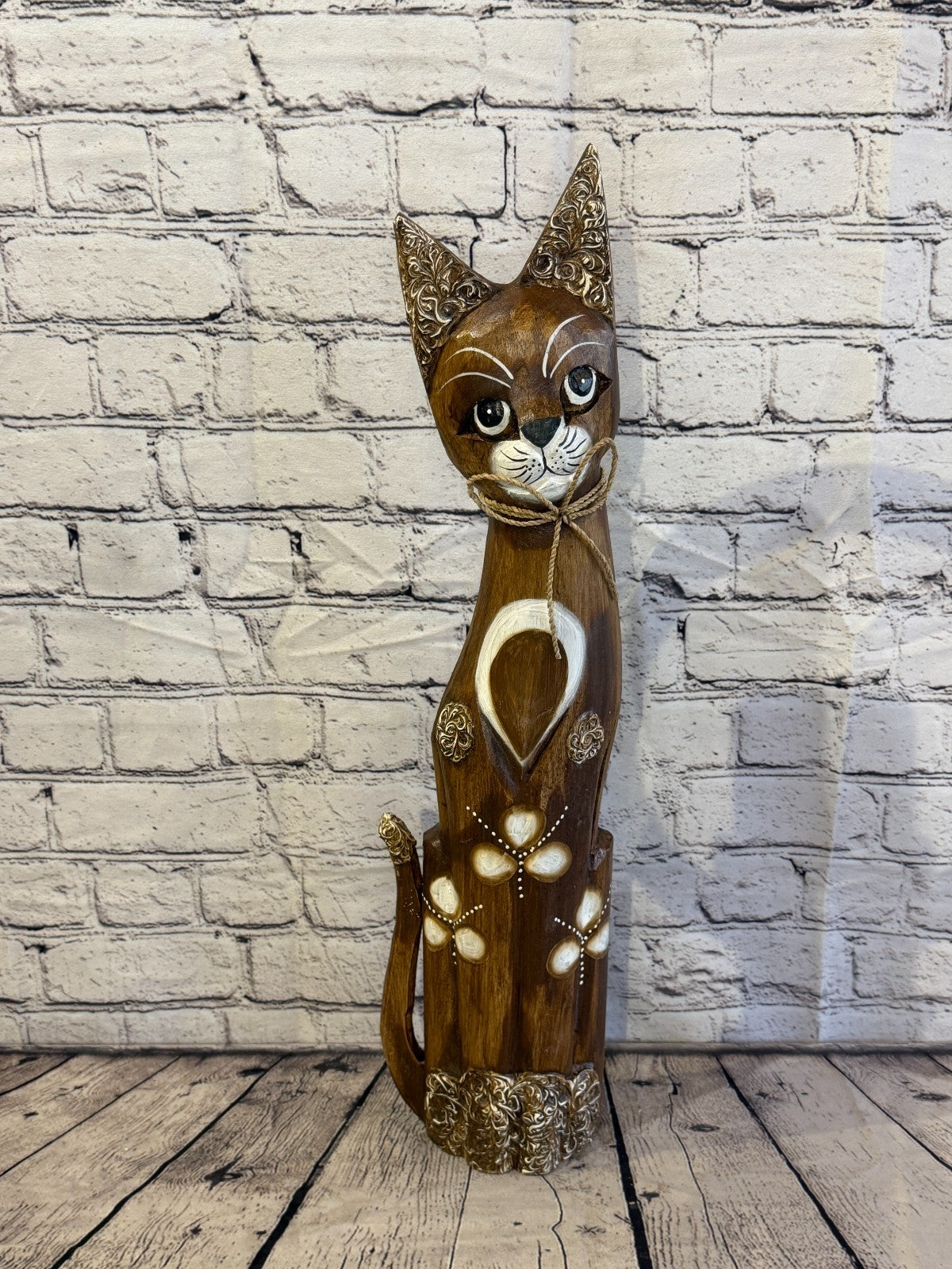 60cm Brown Silver Dots Wooden Shabby Cat Statue Ornament Fair Trade Handcarved0