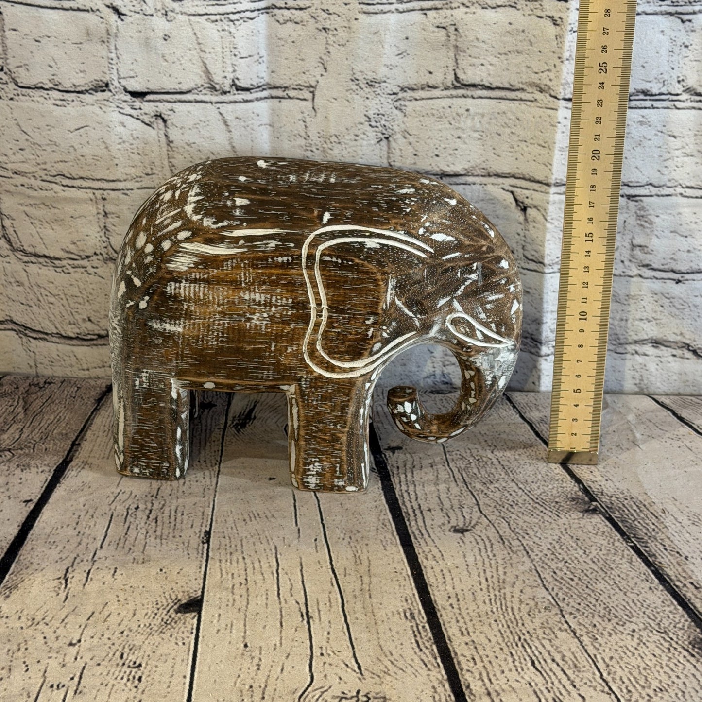 20cm x 25cm Brown Wood Wooden Standing Elephant Hand Carved Painted Statue6