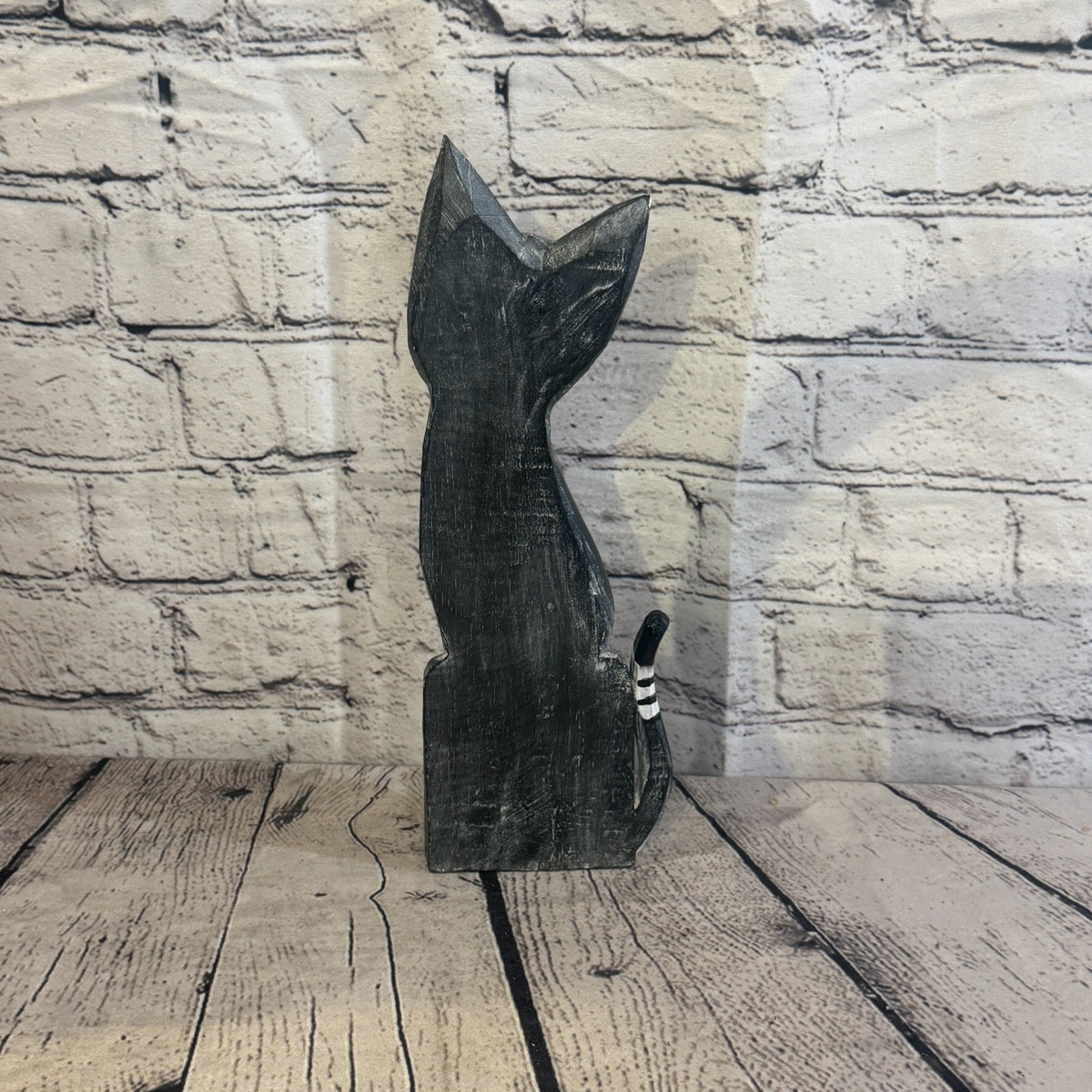 30cm Grey Flower Wooden Shabby Cat Statue Ornament Fair Trade Handcarved4