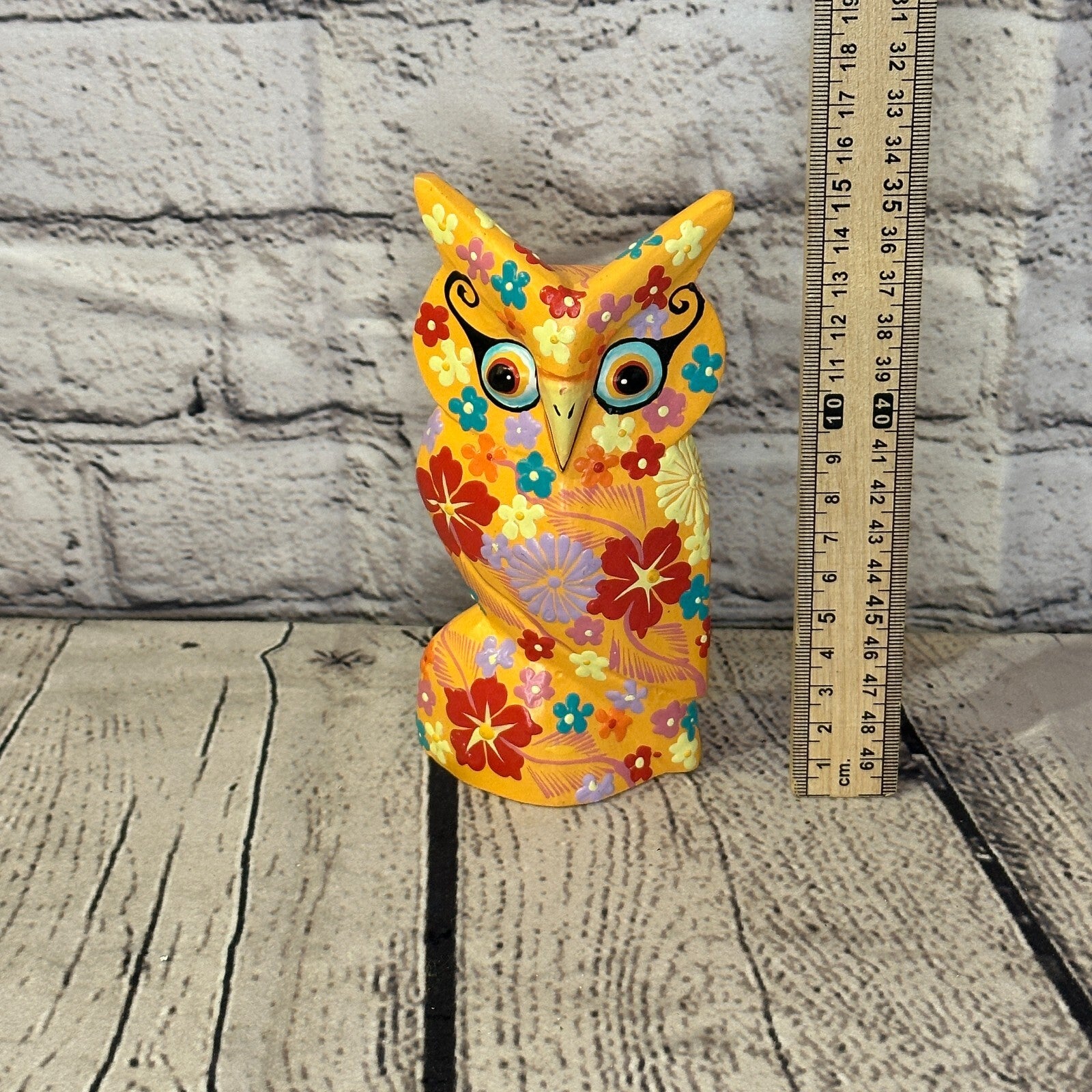 Orange Small Wooden Owl With Flower Pattern 12cm x 8cm Handmade and Fairtrade5