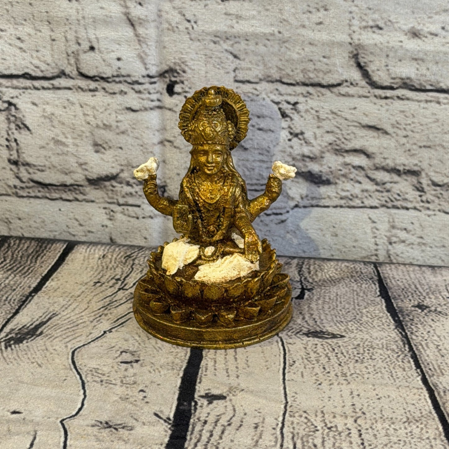 Cream & Bronze 12cm x 8cm Small Lakshmi Sitting Lotus Statue Resin Hindu God1
