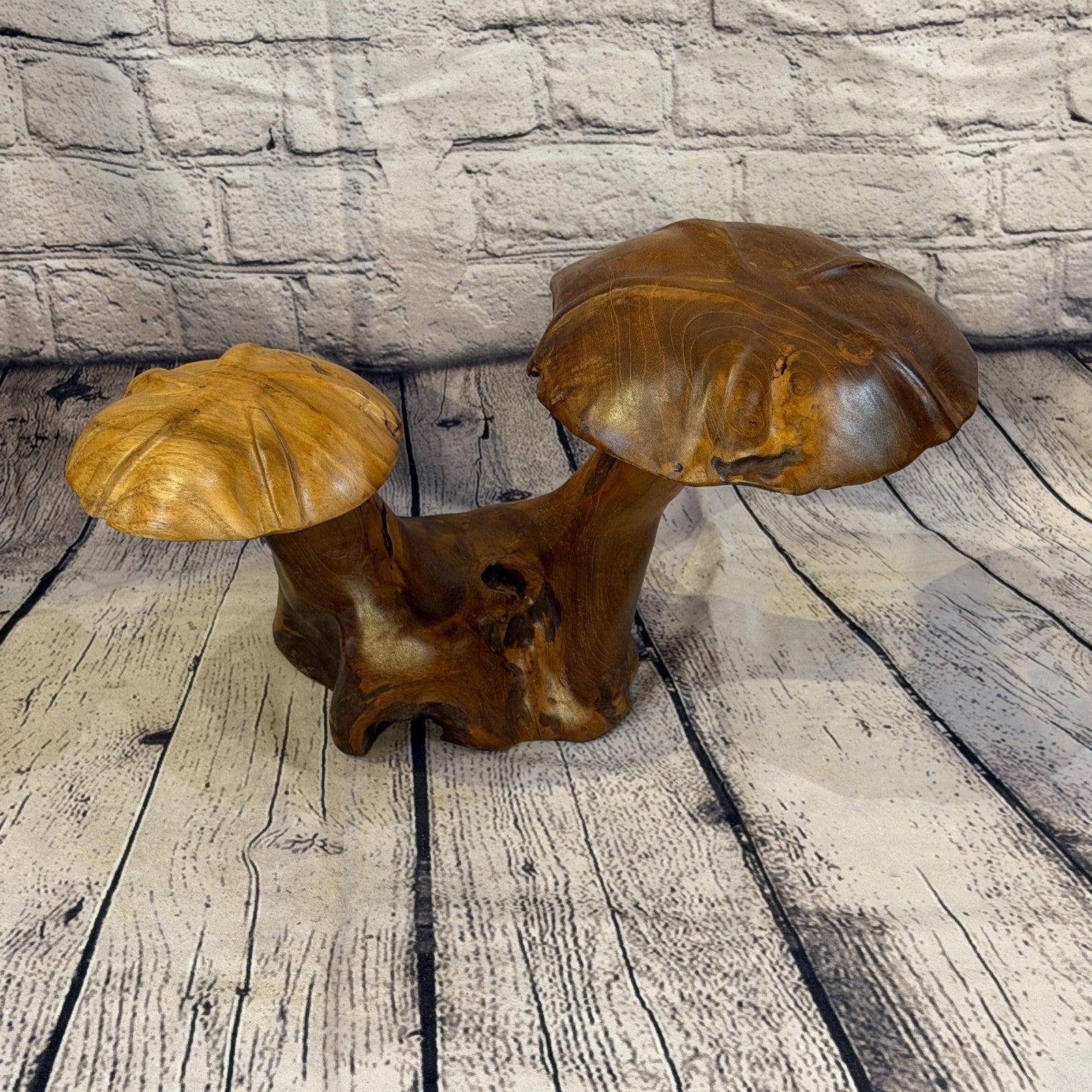 30cm x 35cm Double Wooden Mushroom Toadstool Sculpture Garden Teak Root Ornament1