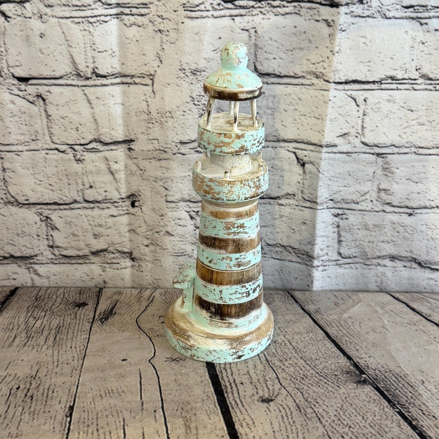 25cm Green White Wooden Lighthouse Detailed Ornament Nautical Coastal Sculpture2