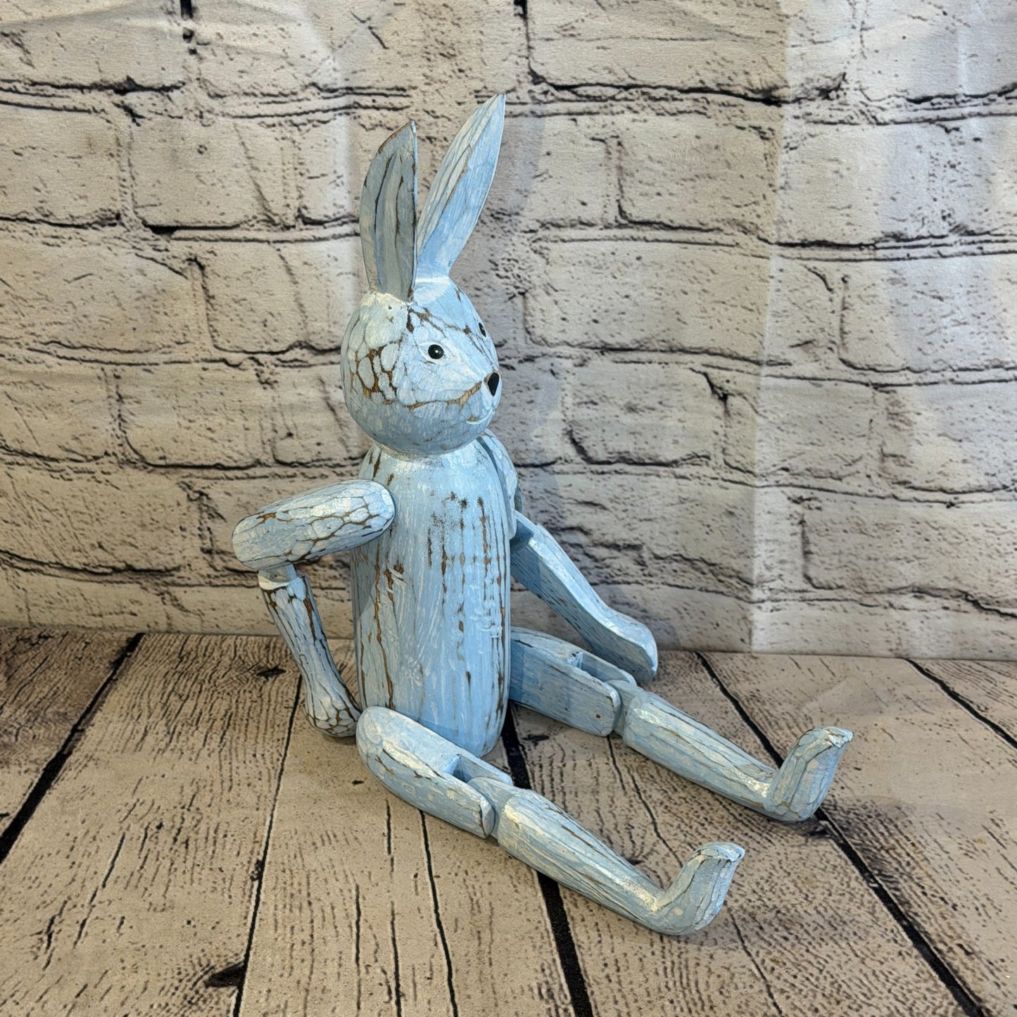 30cm Blue Bunny Rabbit Sitting Animal, Wooden Shelf Ornament Handmade Fairtrade2