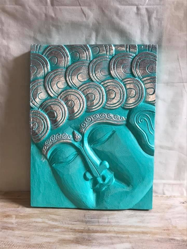 Wooden Wood Panel 40cm Teal Buddha Tall Lotus Wall Art Plaque Handcarved0