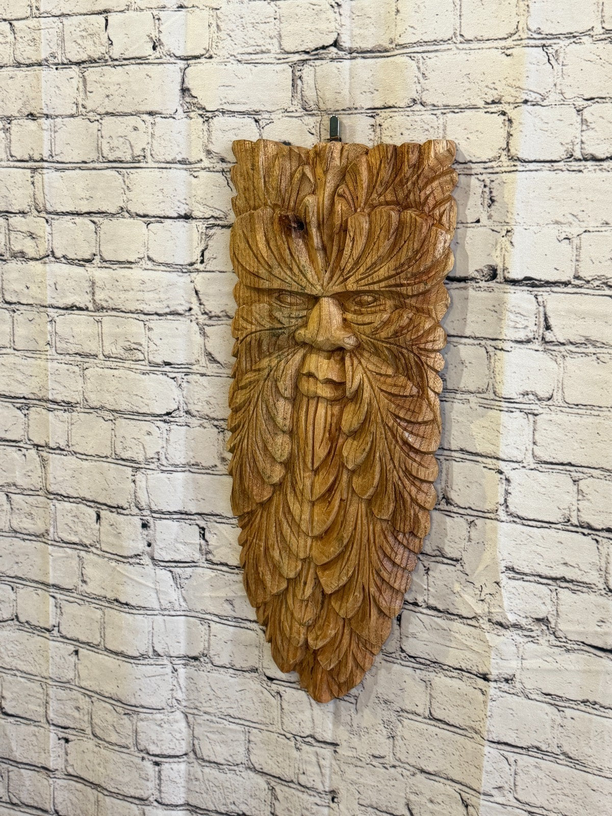 Green Man Of The Woods 60cm x 25cm Flat Carved Wizard Tree Trunk Wood Fairtrade1