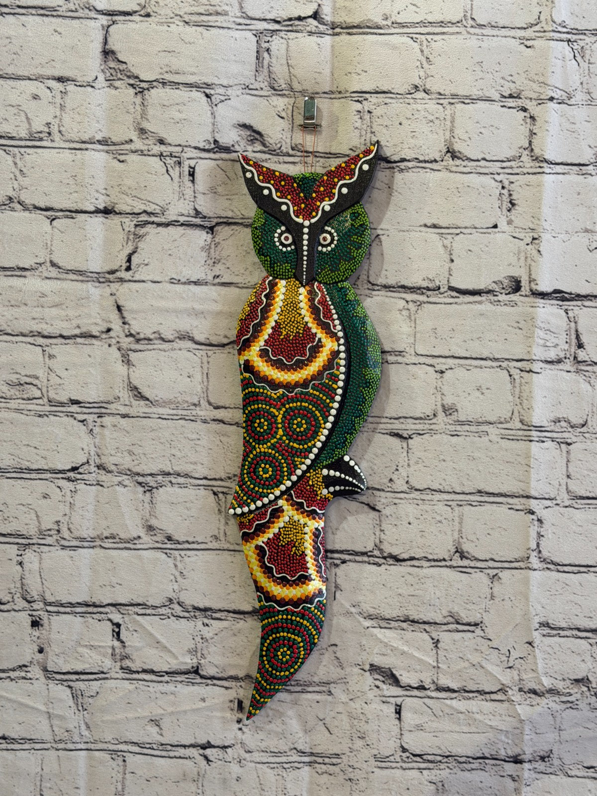 45cm Owl Bird Carved Wooden Dot Painted Ethnic Tribal Tiki Wall Art No 42