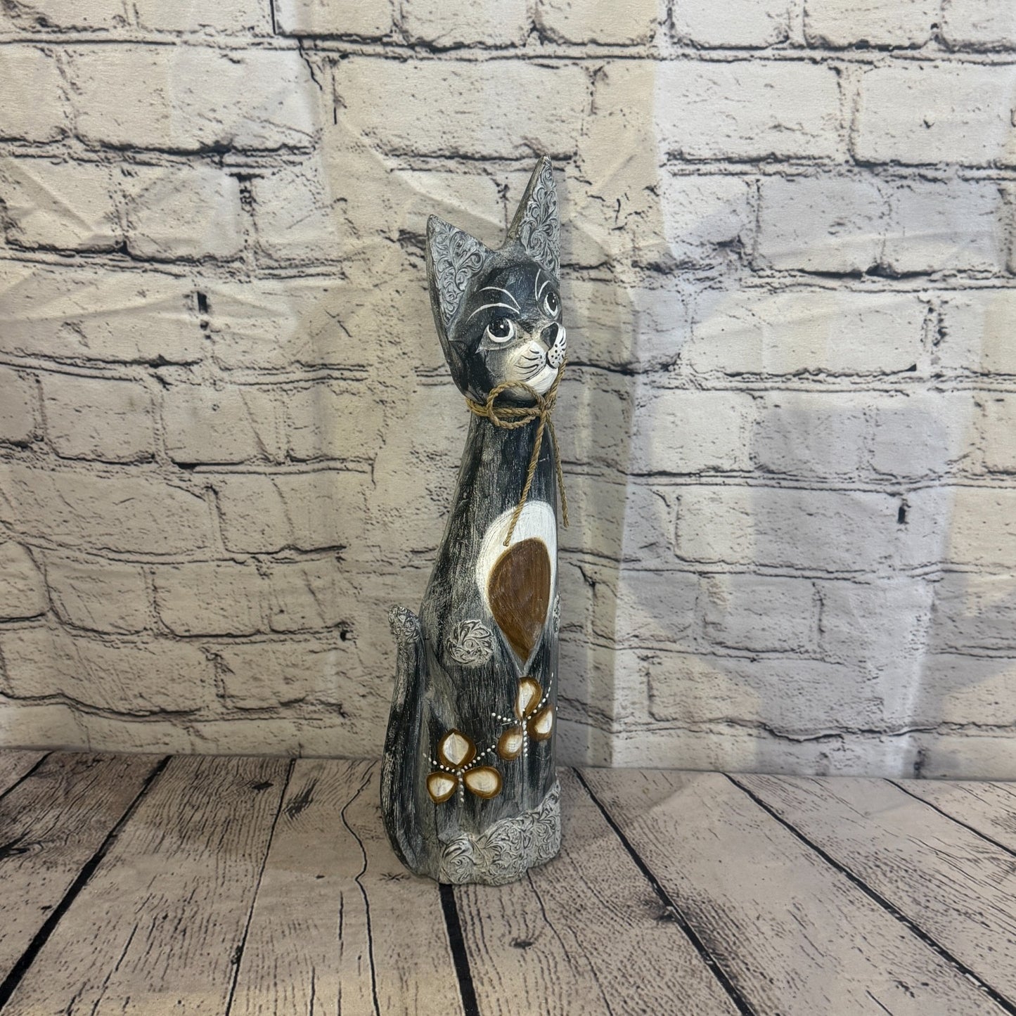 40cm Grey Silver Dots Wooden Shabby Cat Statue Ornament Fair Trade Handcarved2