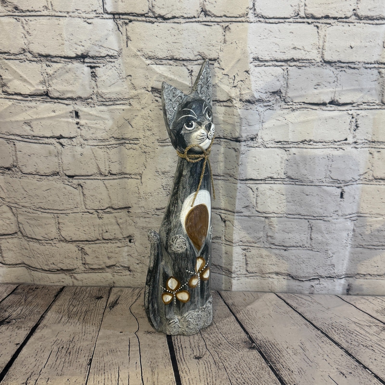 40cm Grey Silver Dots Wooden Shabby Cat Statue Ornament Fair Trade Handcarved2