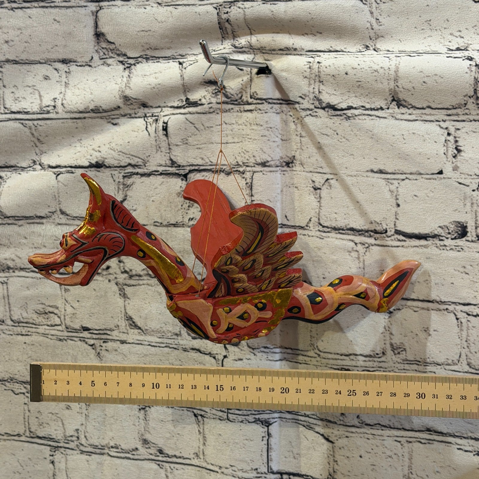 35cm Red Dragon Folk Art Carved Wood Flying Winged Mobile Spirit Guardian3