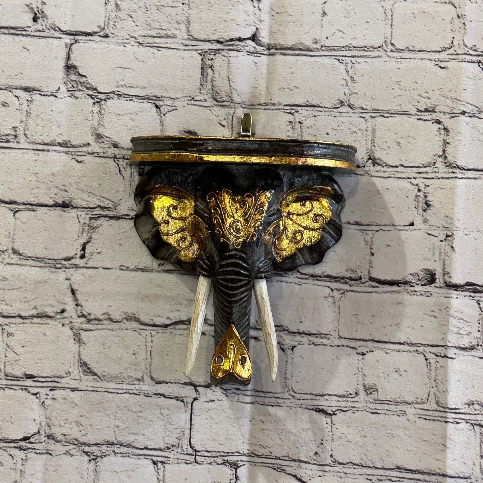 20cm x 20cm Black Gold Shelf Wood Elephant Head Wall Mounted Art Large Shabby2