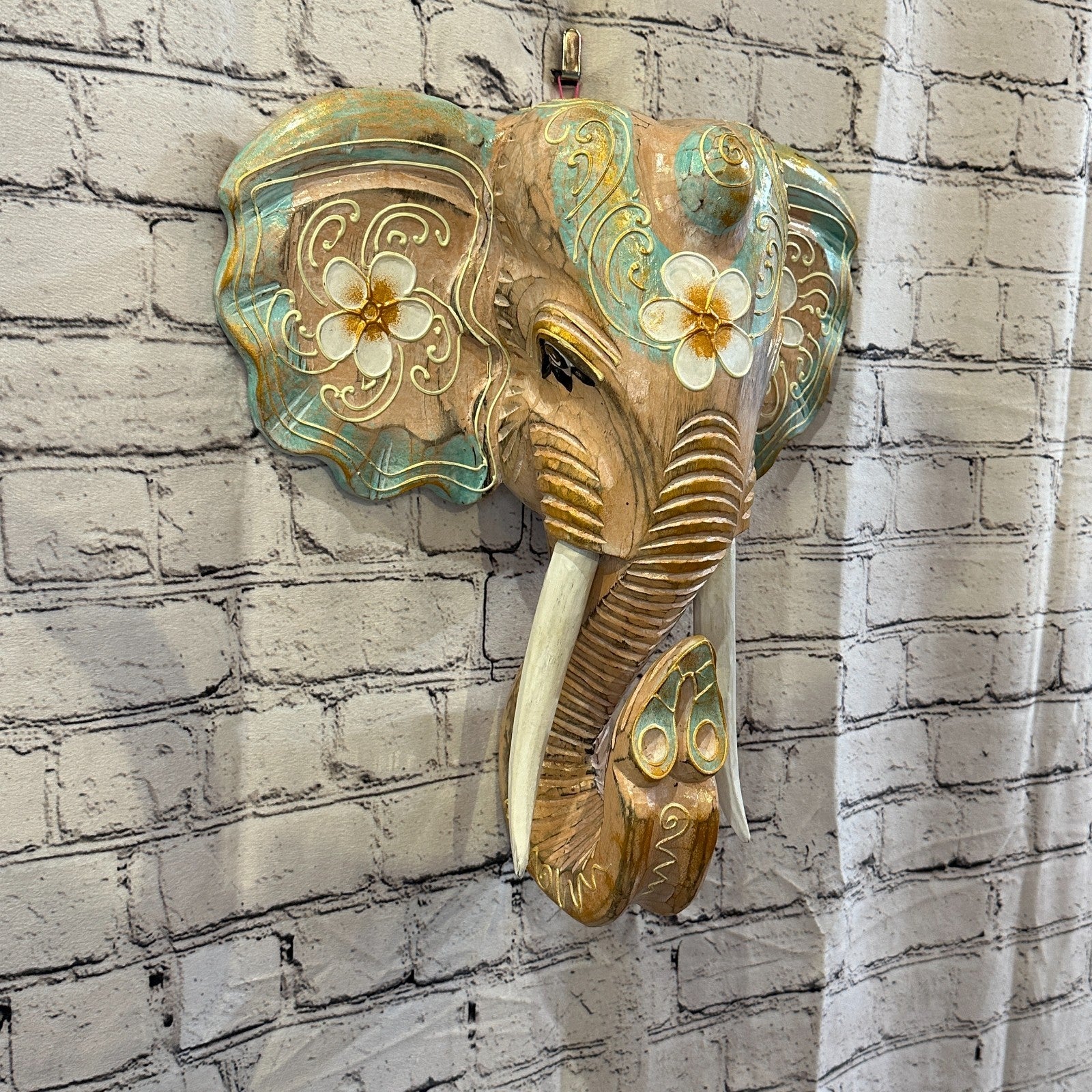 40cm x 35cm Green Flower Painted Wood Elephant Head Wall Mounted Art Shabby0