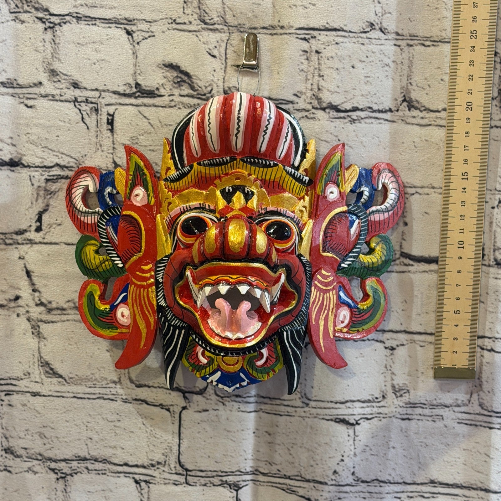 20cm Barong Wide Red Demon Dragon Hindu Deity Wooden Hand Carved Mask Painted5