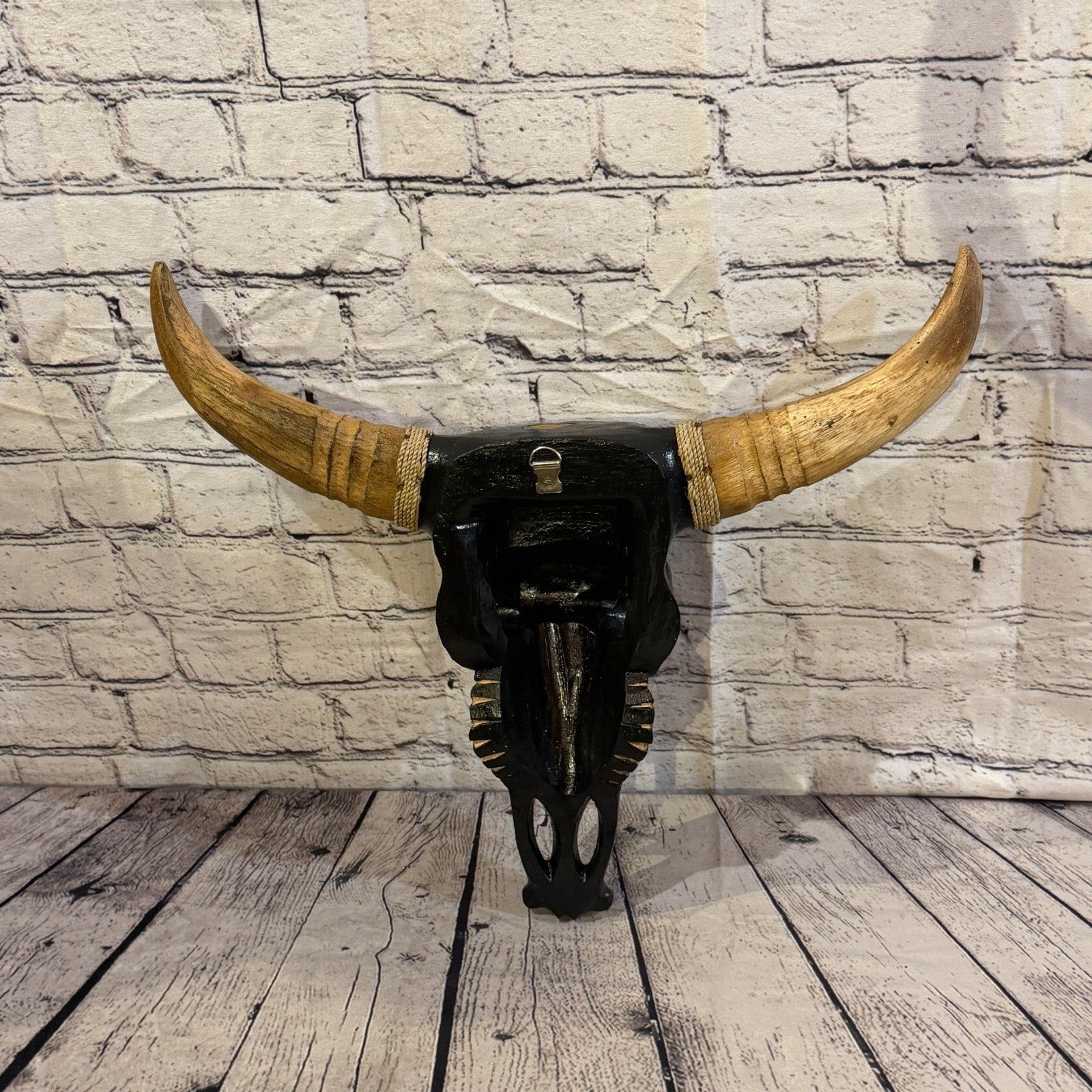 45cm x 45cm Brown Light Painted Wood Cow Skull Head Wall Mounted Art Shabby5