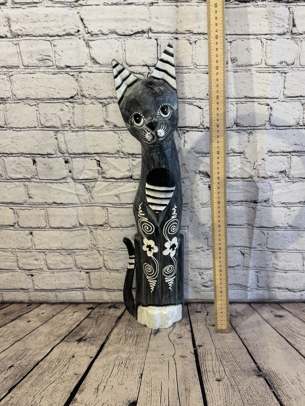 60cm Grey Flower Wooden Shabby Cat Statue Ornament Fair Trade Handcarved5