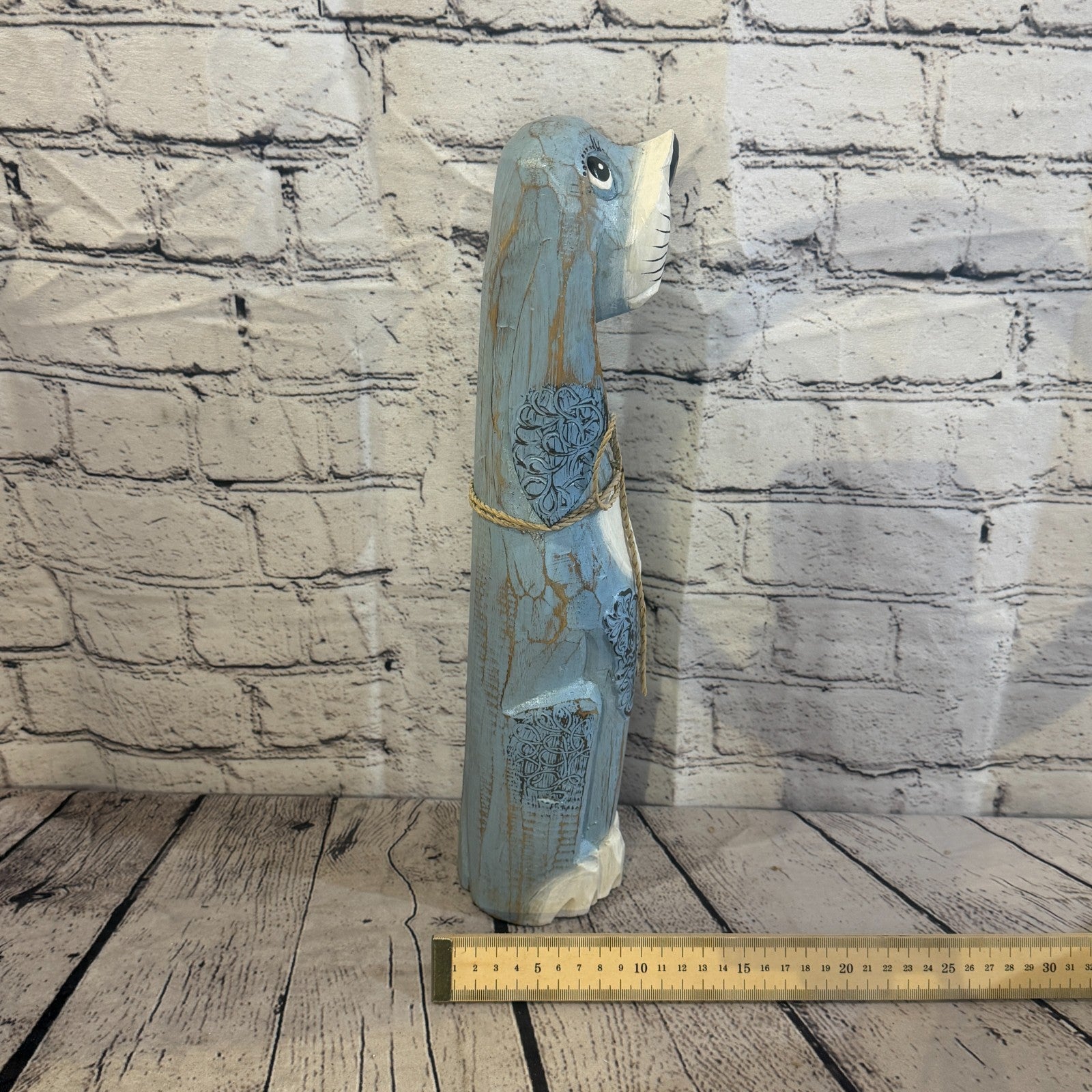 40cm Light Blue Wooden Shabby Dog Statue Ornament Fair Trade Handcarved7
