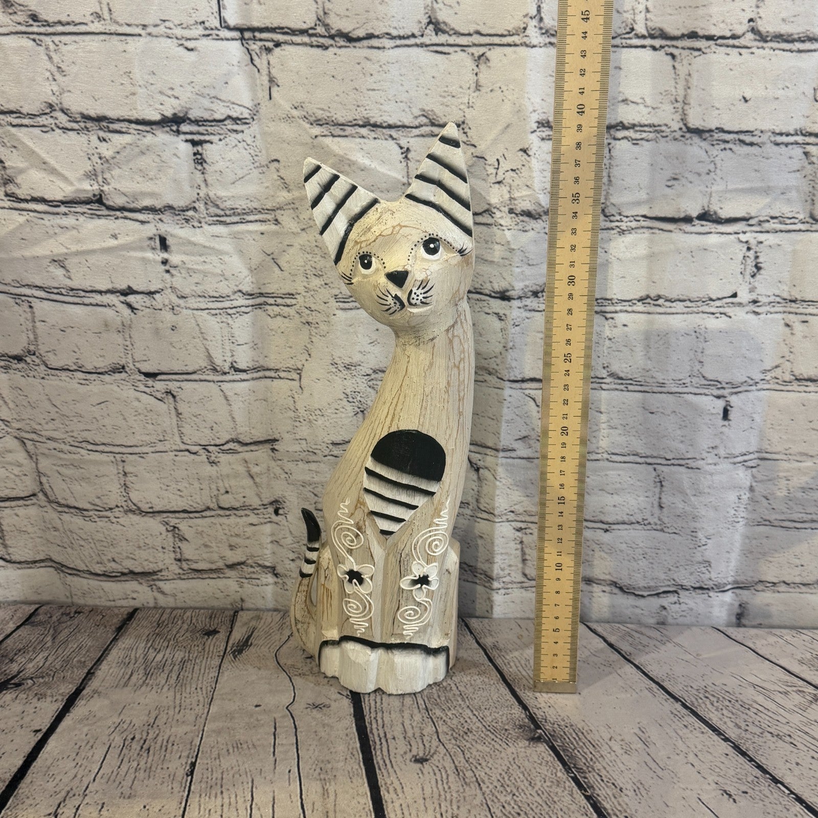 40cm White Flower Wooden Shabby Cat Statue Ornament Fair Trade Handcarved5